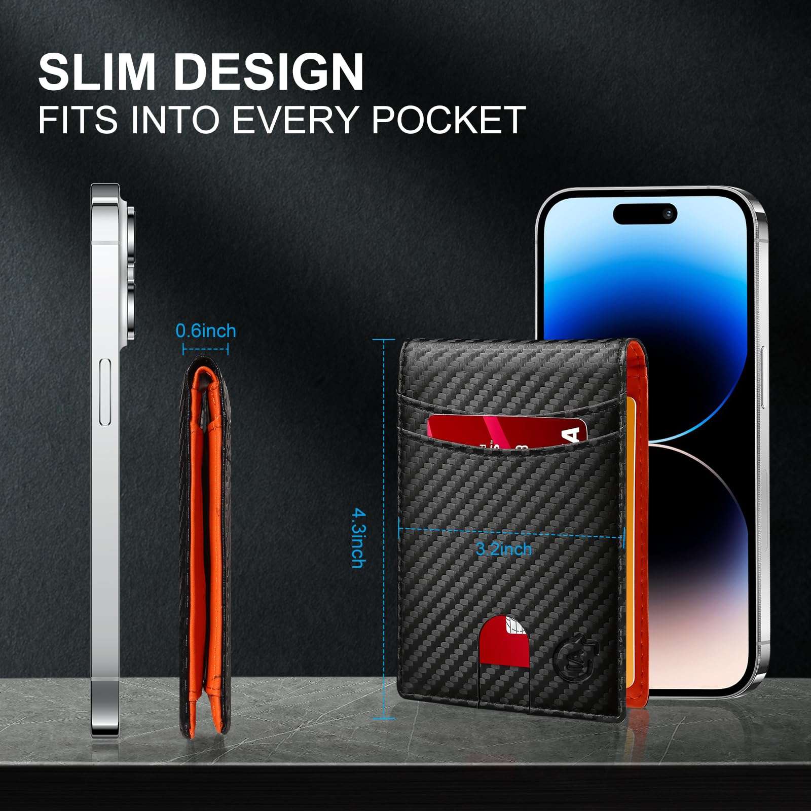 Smart Wallet For Men Work For Apple Find My (Ios Only) APP, Slim Mens Wallet with Tracker Carbon Fiber Bifold Credit Card Holder With Rechargeable Battery(Not For Android) Carbon Black & Orange 6