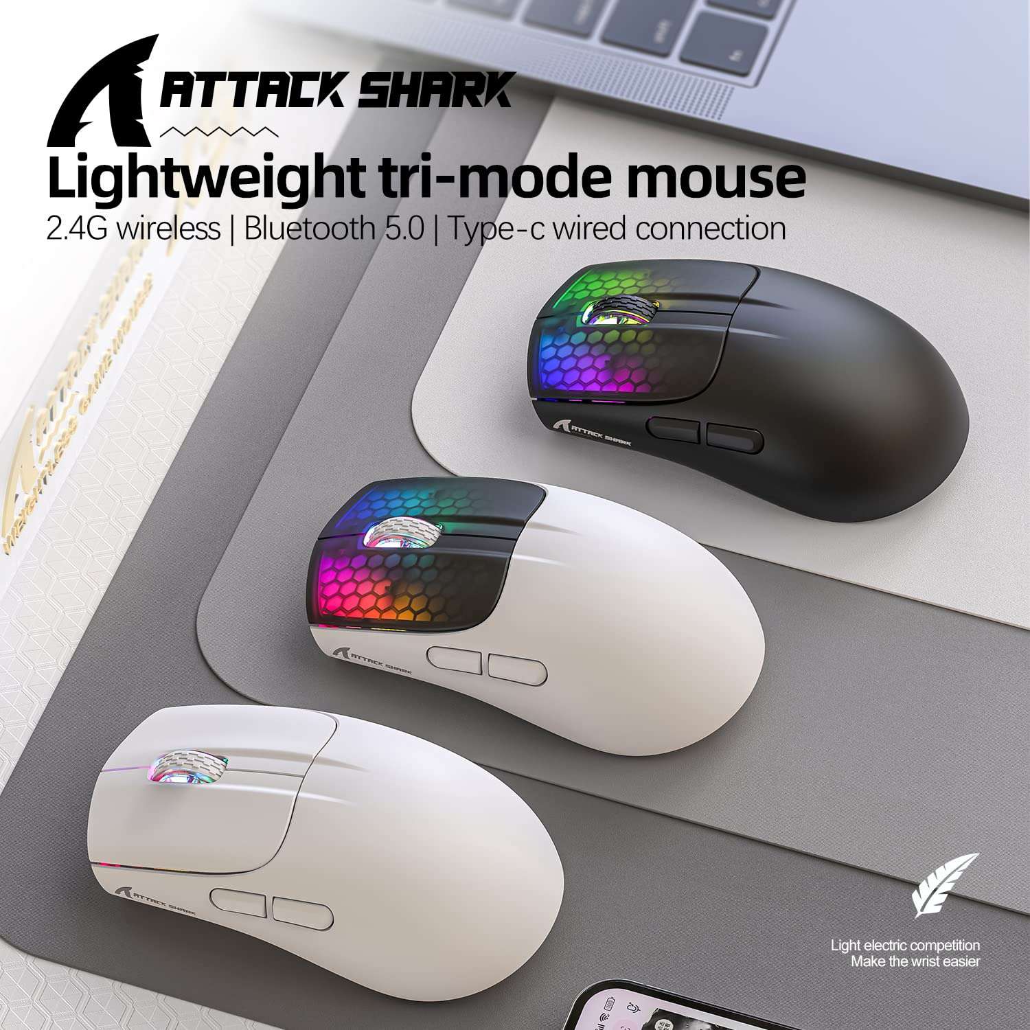 ATTACK SHARK X5 Wireless Gaming Mouse with Tri-Modes BT 5.1/2.4Ghz/USB-C,Lightweight 49g,PAW3212 Optical Sensor,Rechargeable Battery,RGB LED Honeycomb Mice for PC Games-White 3