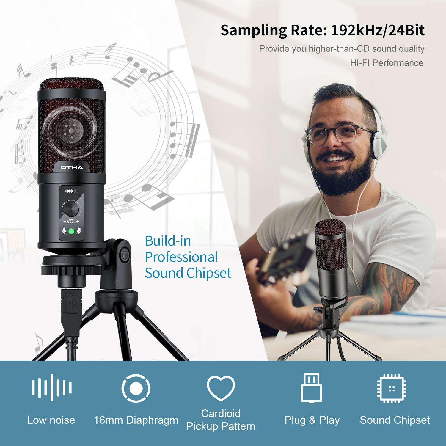 OTHA USB Microphone, Gaming Condenser Microphone, PC Mic for Podcasts Videos with Tripod Stand, Professional Microphone 192kHz/24Bit Plug & Play for Podcast, Streaming, Studio 3