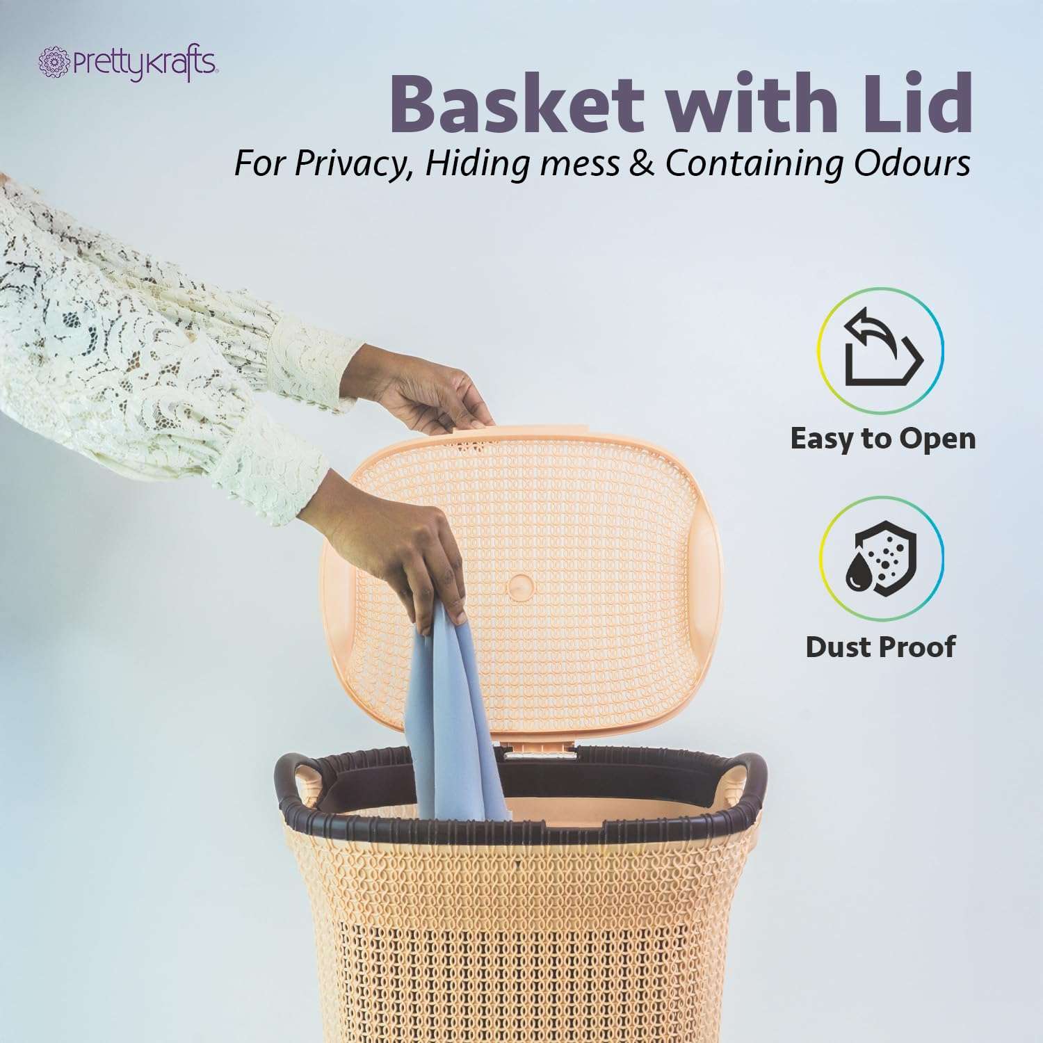 PrettyKrafts 60L Plastic Laundry Basket with Lid | Large Clothes Laundry Basket & Storage Bin | Toy Storage Basket | Multipurpose Storage Organiser | 61x45x35cm | Beige 5