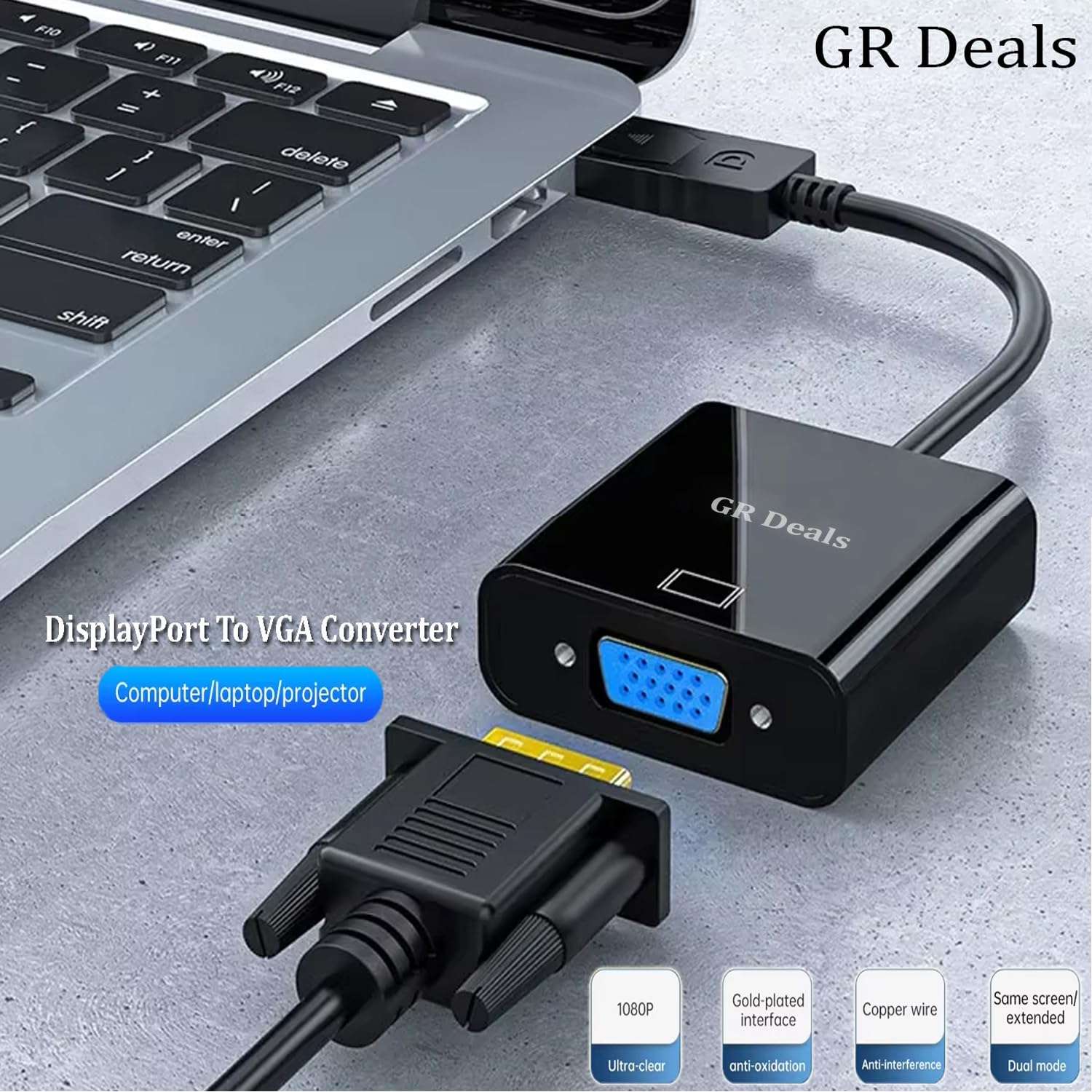 GR Deals DisplayPort (DP) to VGA Adapter, Gold-Plated DisplayPort to VGA Adapter (Male to Female) Compatible with Computer, Desktop, Laptop, PC, Monitor, Projector. (Black) 3