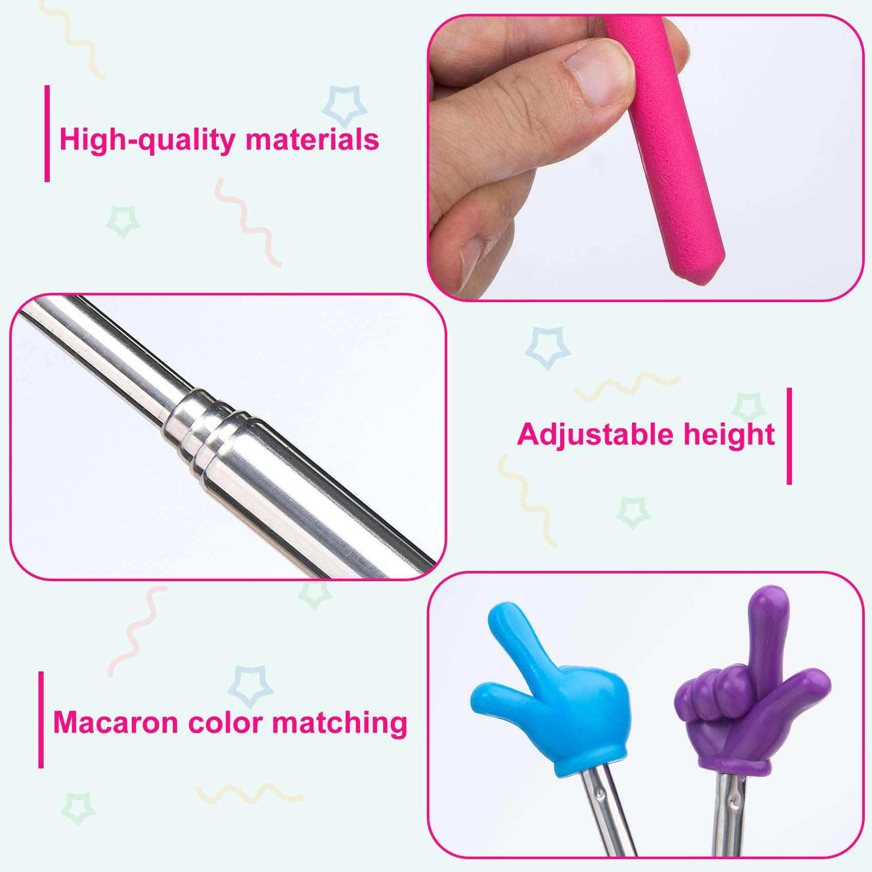 Pndeyo 5pcs Retractable Teacher Pointers for Classroom Reading, Hand-Shaped Presentation Pointer Stick, Mini Portable Finger Pointer Sticks Teach Supplies- Blue & Purple & Yellow & Green & Pink 4