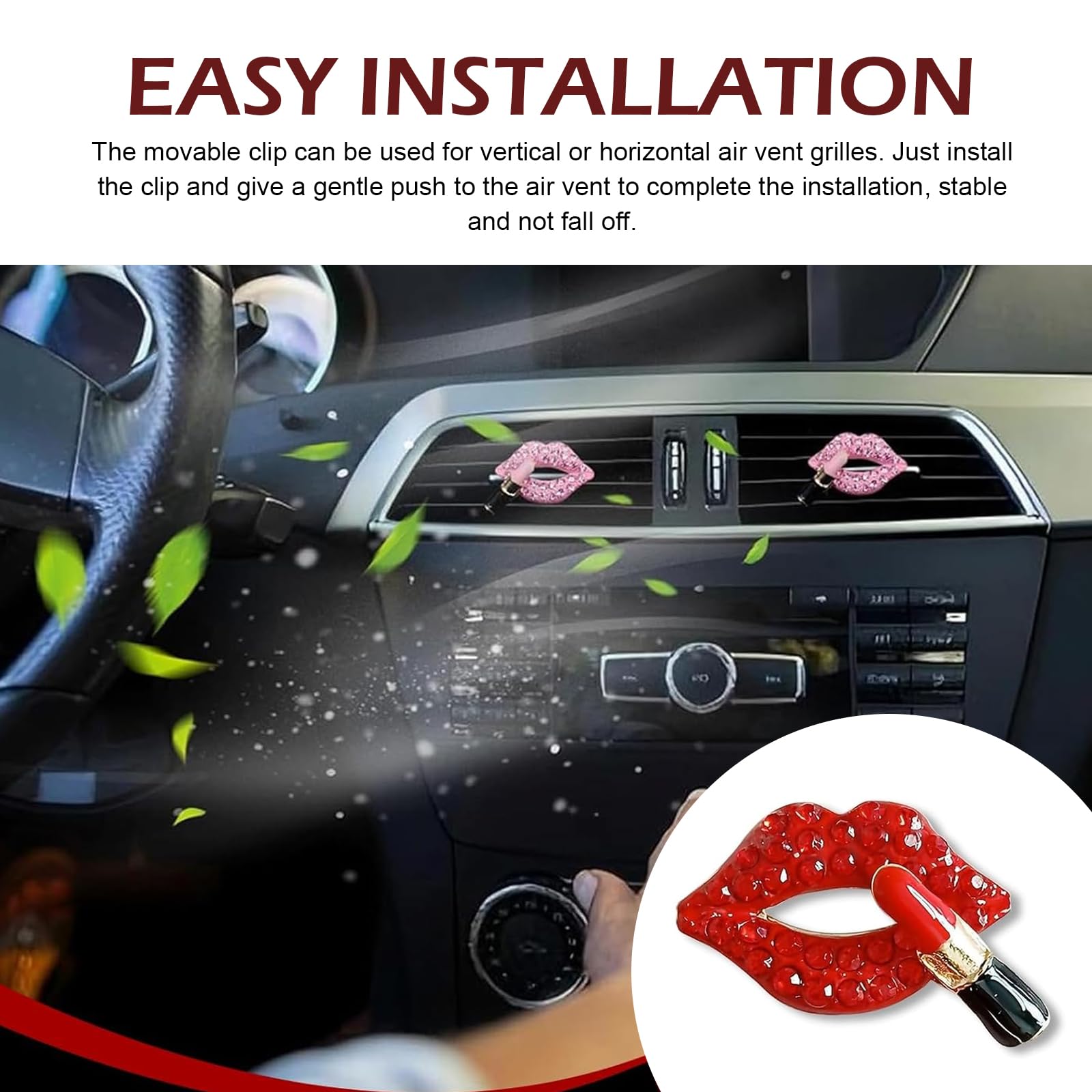 Teybouk 4 PCS Lip Air Vent Clips, Bling Car Vent Accessories, Women Auto Decorations, Universal for Most Cars, Trucks, SUVs (Red) 4