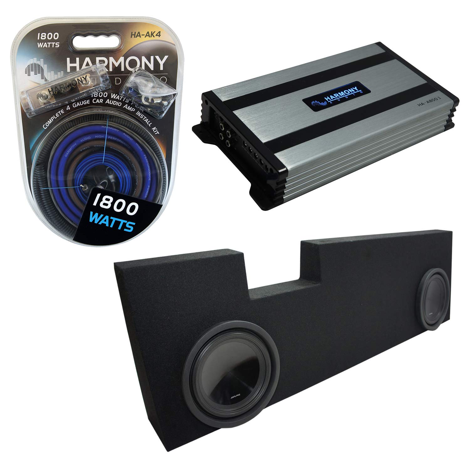 Alpine Bundle Compatible with 2001-2014 Ford F250 F350 Super Crew Truck SWT-10S4 Dual 10" Loaded Sub Box Enclosure with HA-A800.1 Amplifier and HA-AK4 4 Gauge Amp Install Kit