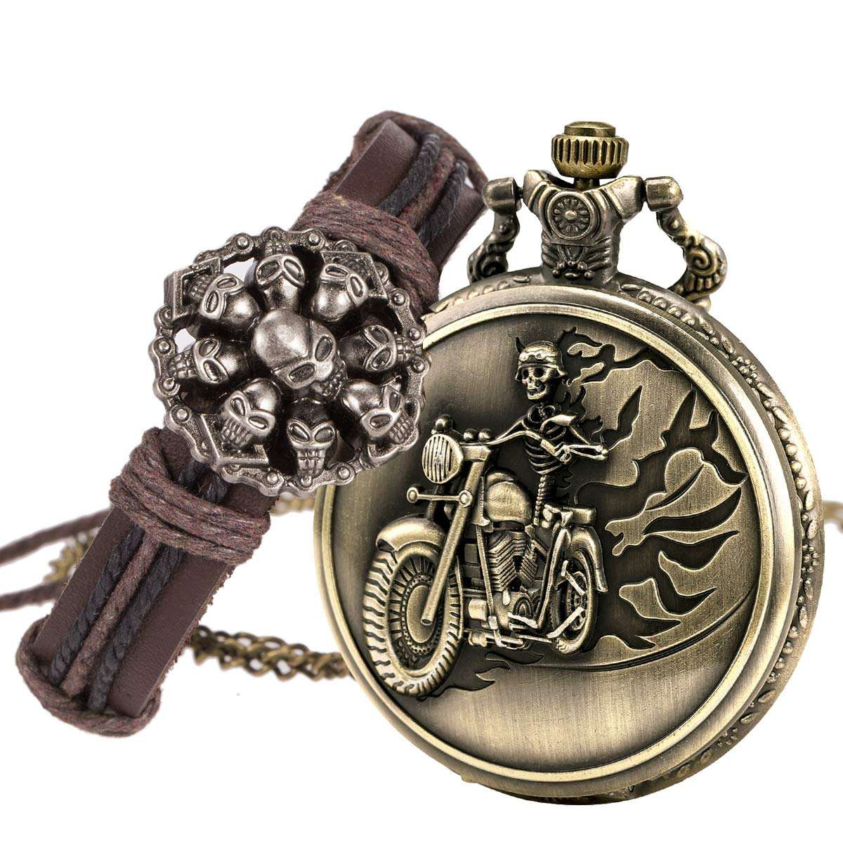 SIBOSUN Halloween Ghost Pocket Watch with Chain Vintage Retro Grotesque Night Skull Pattern with Skeleton Skull Bracelet 5