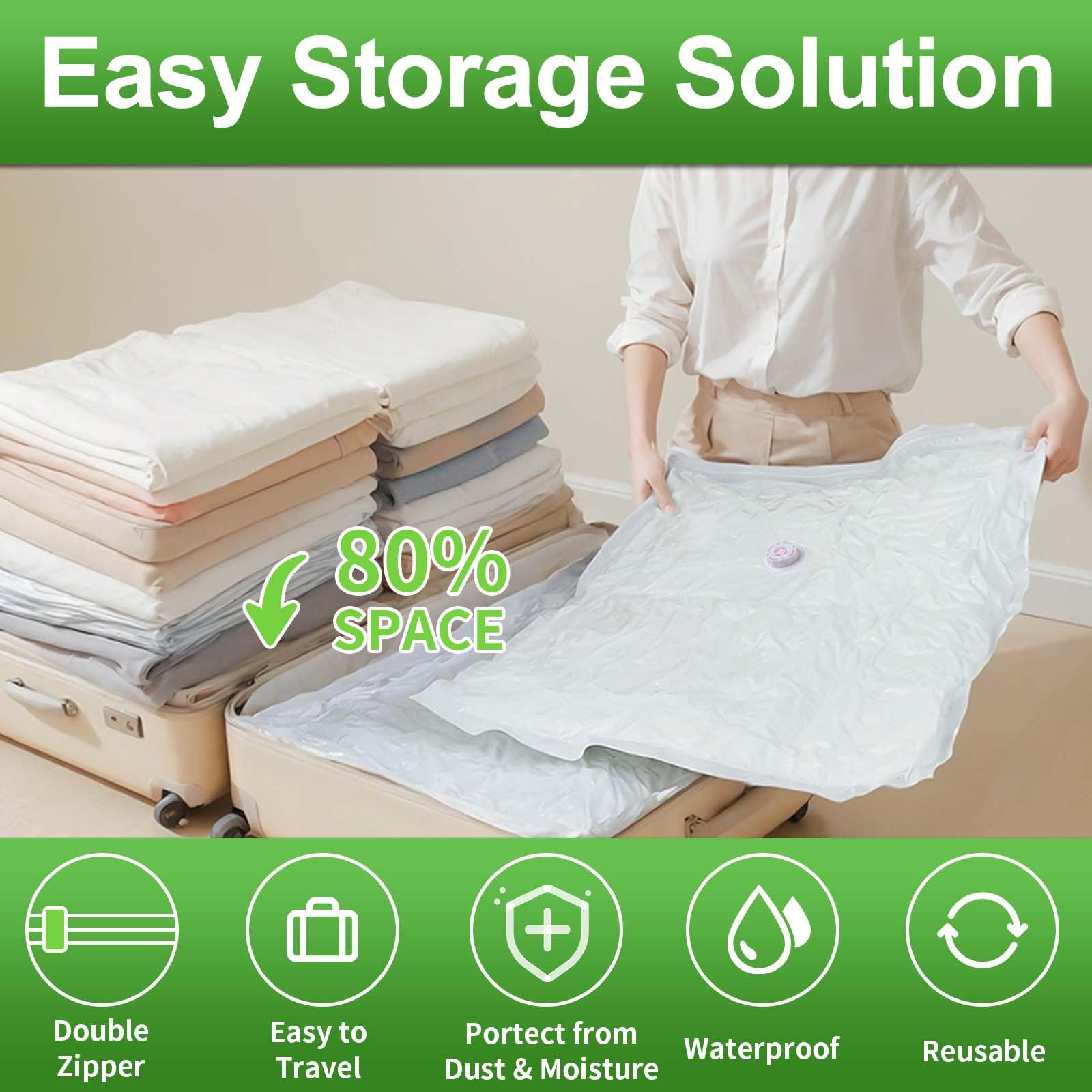 ZXA Vacuum Storage Bags with Electric Air Pump, 5 Pack Large 32''x 24'' Vacuum Seal Bags for Clothing, Space Saver Vacuum Storage Bags for Blanket, Duvets, Pillows, Comforters - White 3