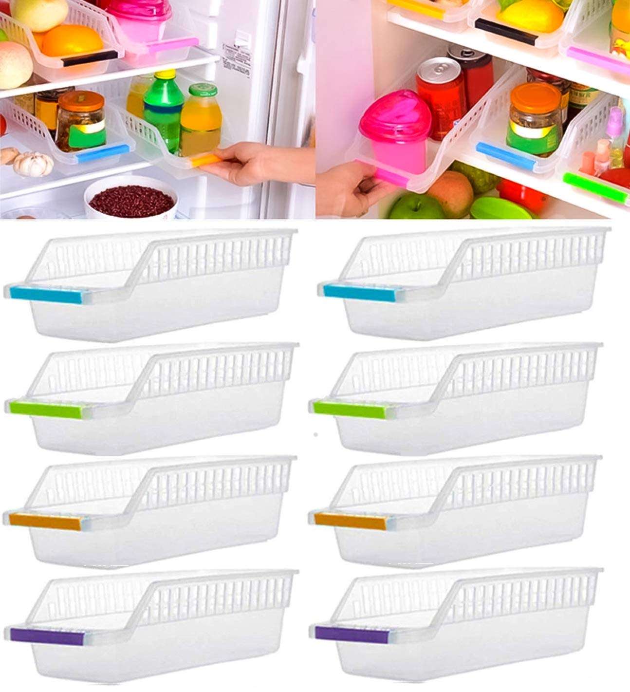 SKYWHALE Plastic Fridge Space Saver Food Storage Organizer Basket Set of 8 3