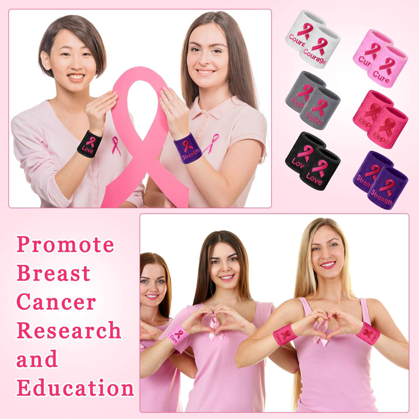 Shappy 60 Pcs Breast Cancer Awareness Wristbands Pink Ribbon Sweatbands Sports Wristbands for Tennis Football Basketball Running Athletic for Breast Cancer Awareness Month, 6 Colors 6