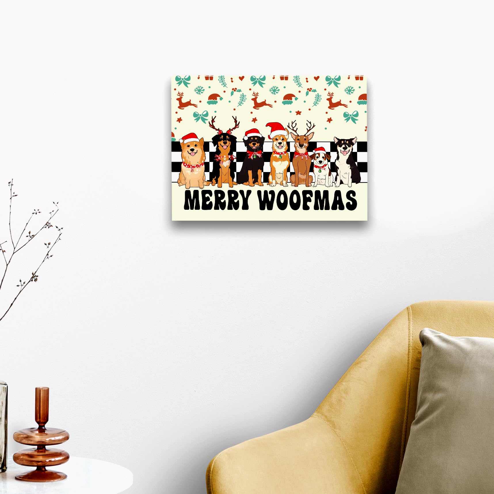 WODMIS Dog Christmas Wall Decor Framed Canvas Wall Art, Merry Christmas Farmhouse Decorations, Funny Merry Woofmas Wall Decor Canvas Home Decorations for Home Living Room Wall Decor 11x14 3