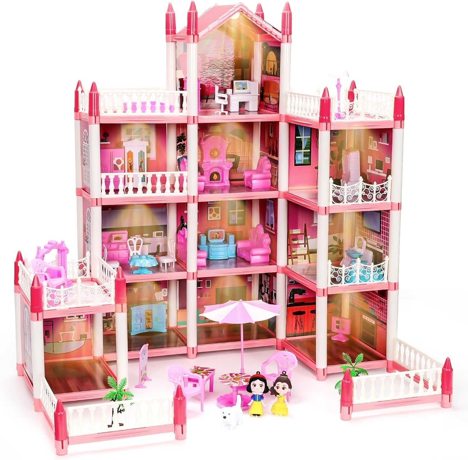 JETRA Dollhouse Villa Toys, Playset with LED Lights, Movable Slides, Stairs, Furniture, Accessories, Dolls and Pets, Cottage Pretend Play House, DIY Creative Gift for Girls Toddlers