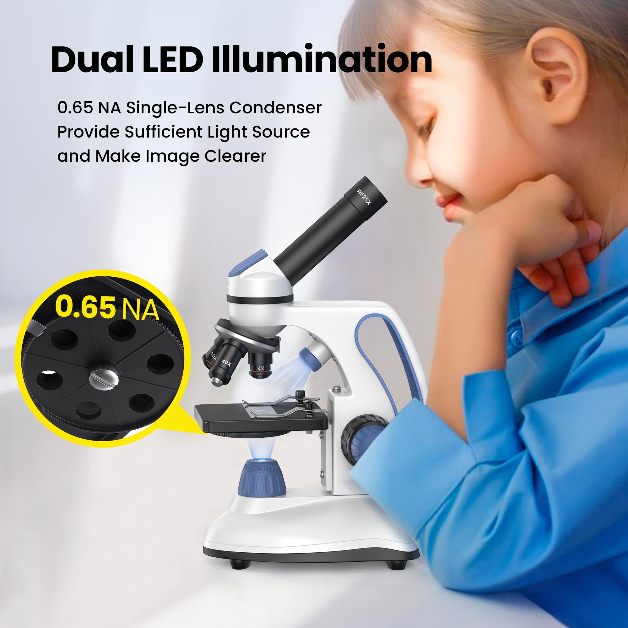 FoKoos Microscope FD10, 40X-1000X with 10pic Slides, Phone Adapter, Dual LED, Carrying Case, Binocular Compound Monocular Microscope kit for Kids Adults Students, Science School Lab Home Education 5