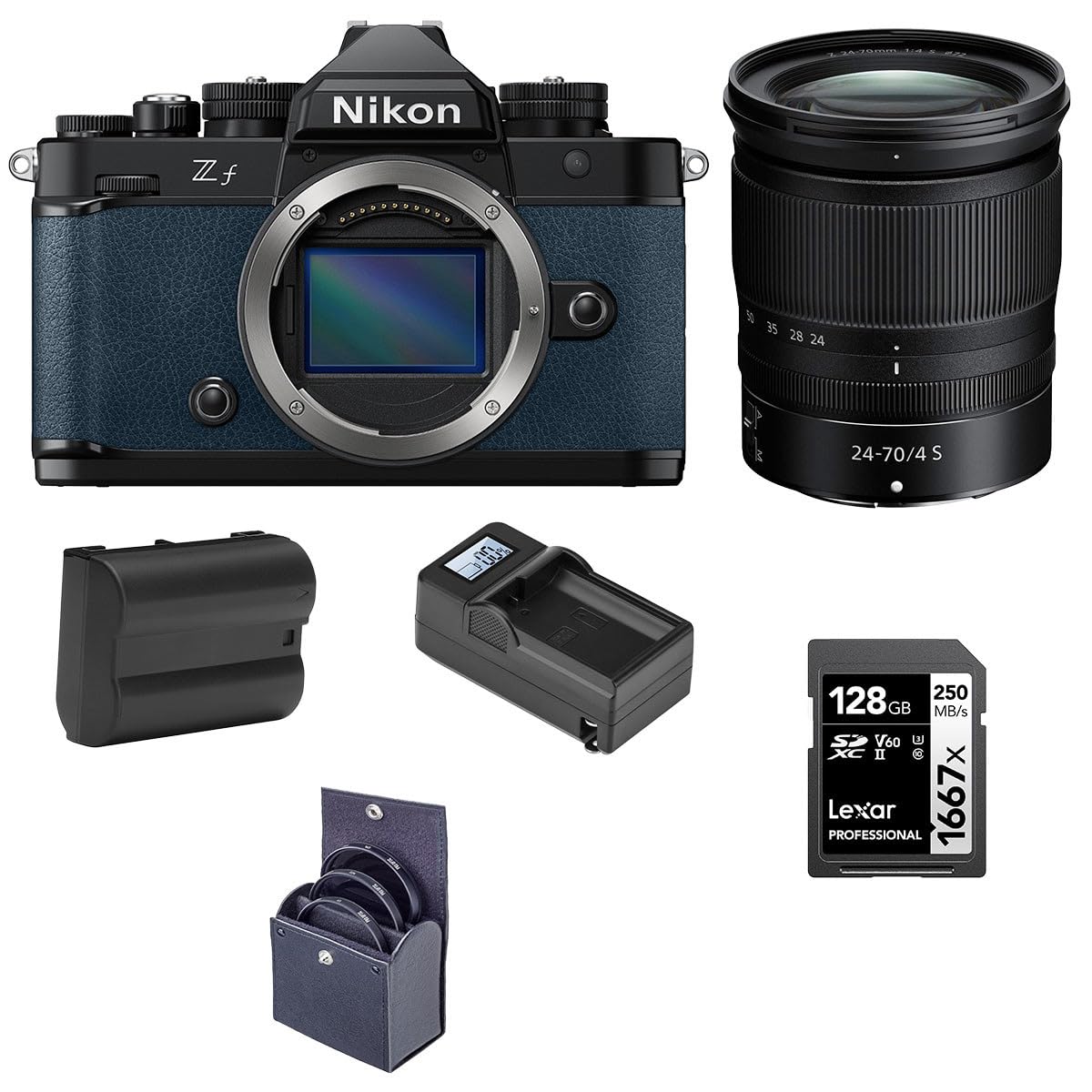 Nikon Z f Mirrorless Camera, Blue with NIKKOR Z 24-70mm f/4 S Lens, Bundle with Battery, 128GB Memory Card and 72mm Filter Kit 1