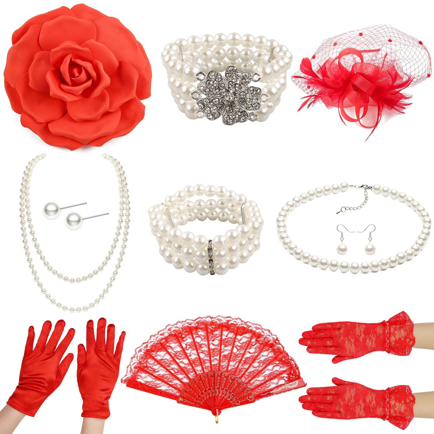11 Pcs Tea Party Accessory Bride Fascinators Hat for Wedding Women Lace Glove Necklace Bracelet Earrings Lace Folding Fan 3