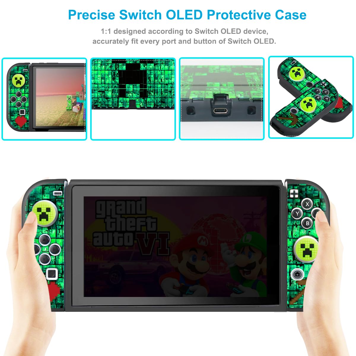 Carrying Case for Nintendo Switch OLED, Switch OLED Case, Screen Protector, Thumb Grips Caps, Portable Accessories Bundle Protective Cover for Console & Accessories Storage Travel Carry Cases, Green 6