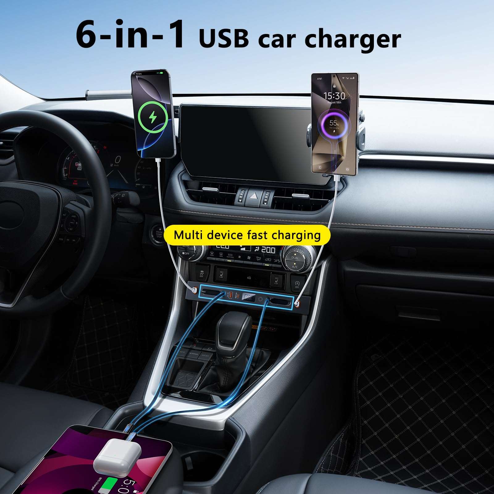 ELOHEI Car Charger Compatible with Toyota RAV4, Fast Charger for Toyota RAV4 Accessories 2019 2020 2021 2022 2023 2024 2025 Multi Port Retractable Docking Station (for Toyota RAV4) 4