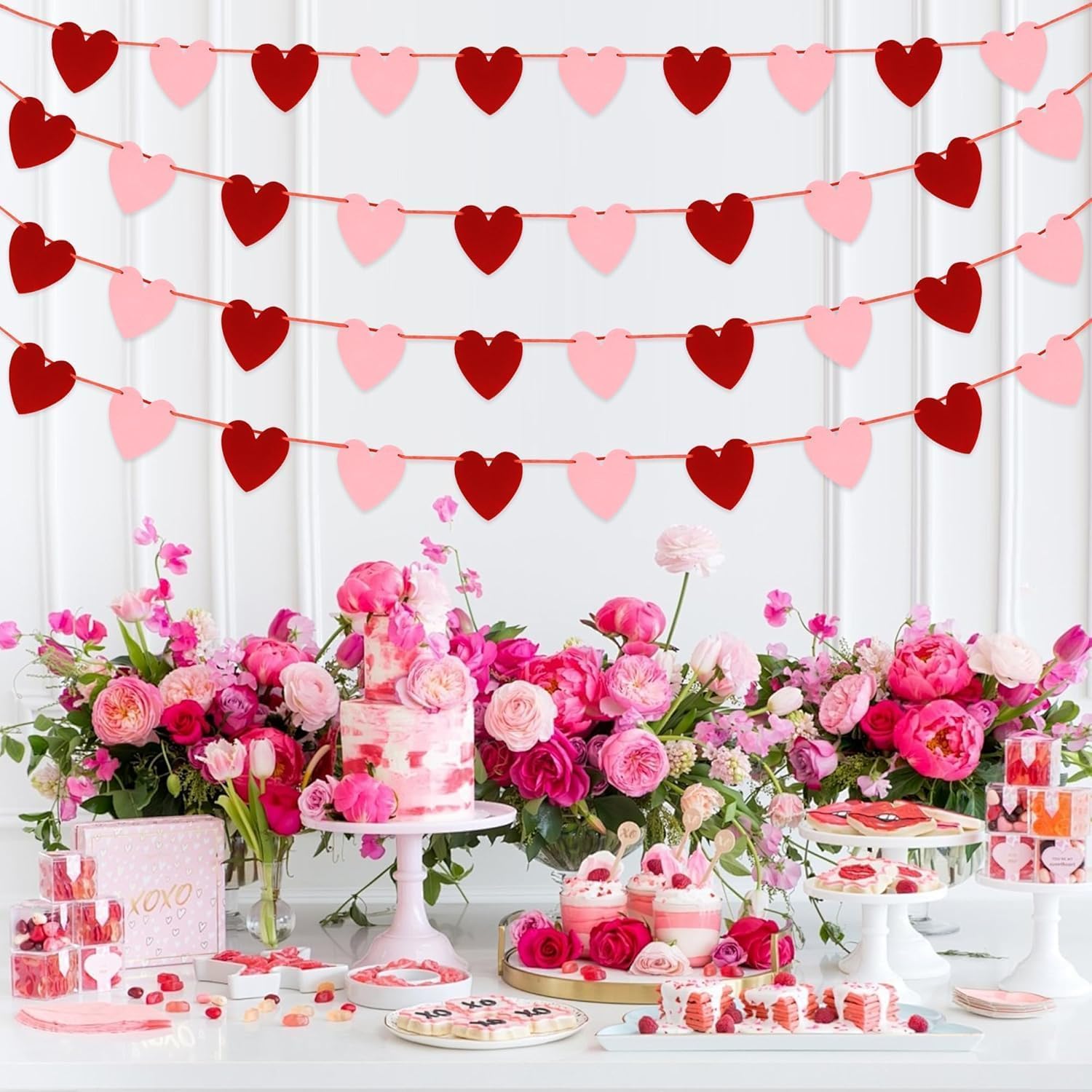 Felt Garland No DIY Valentines Day Decor Red Love Heart Shape Hanging String Garland Valentine Strip Decorations Wedding Anniversary Birthday Party Supplies (Pink & Red) (Pack of 20) 5