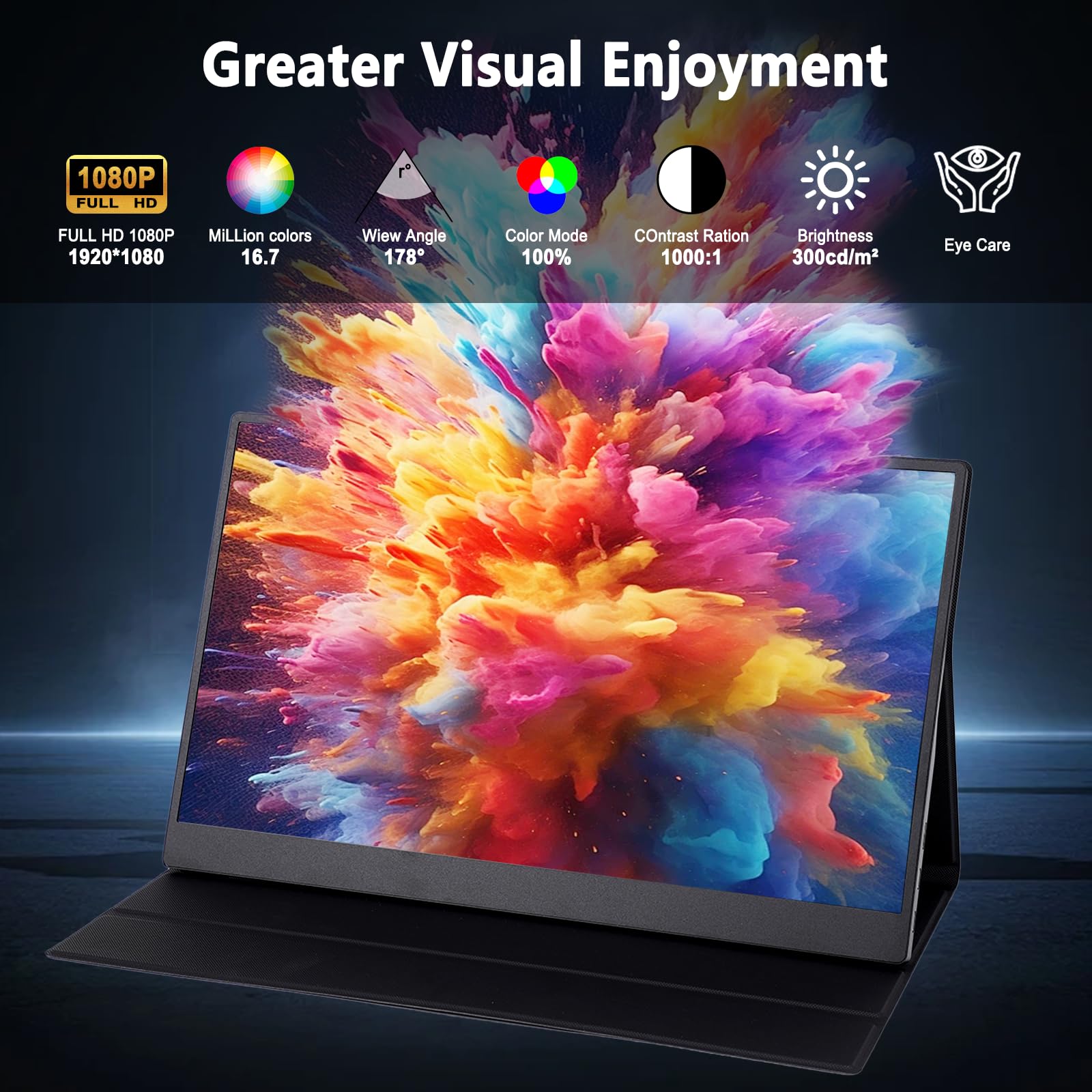 15.6-inch portable laptop monitor, FHD 1920 * 1080 resolution, equipped with USB Type-C and HDMI interfaces, supports HDR, metal shell design with smart cover, built-in speakers (Portable Monitor+3ft) 5