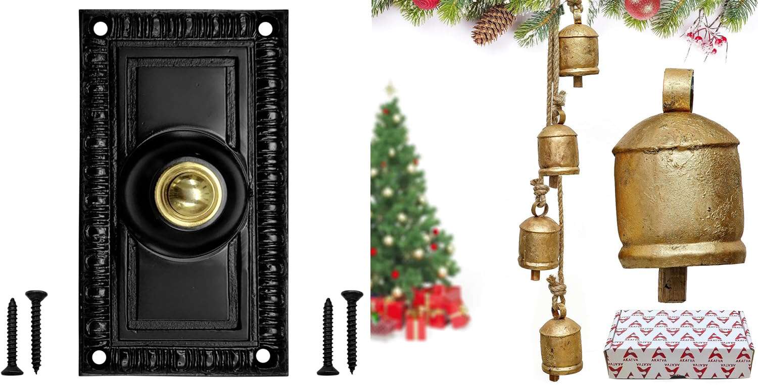 Akatva Door Bell Chime Wired Push Button (Antique Black Finish) - Akatva Christmas Gold Bells for Decoration Set of 4 Rustic Brass 1
