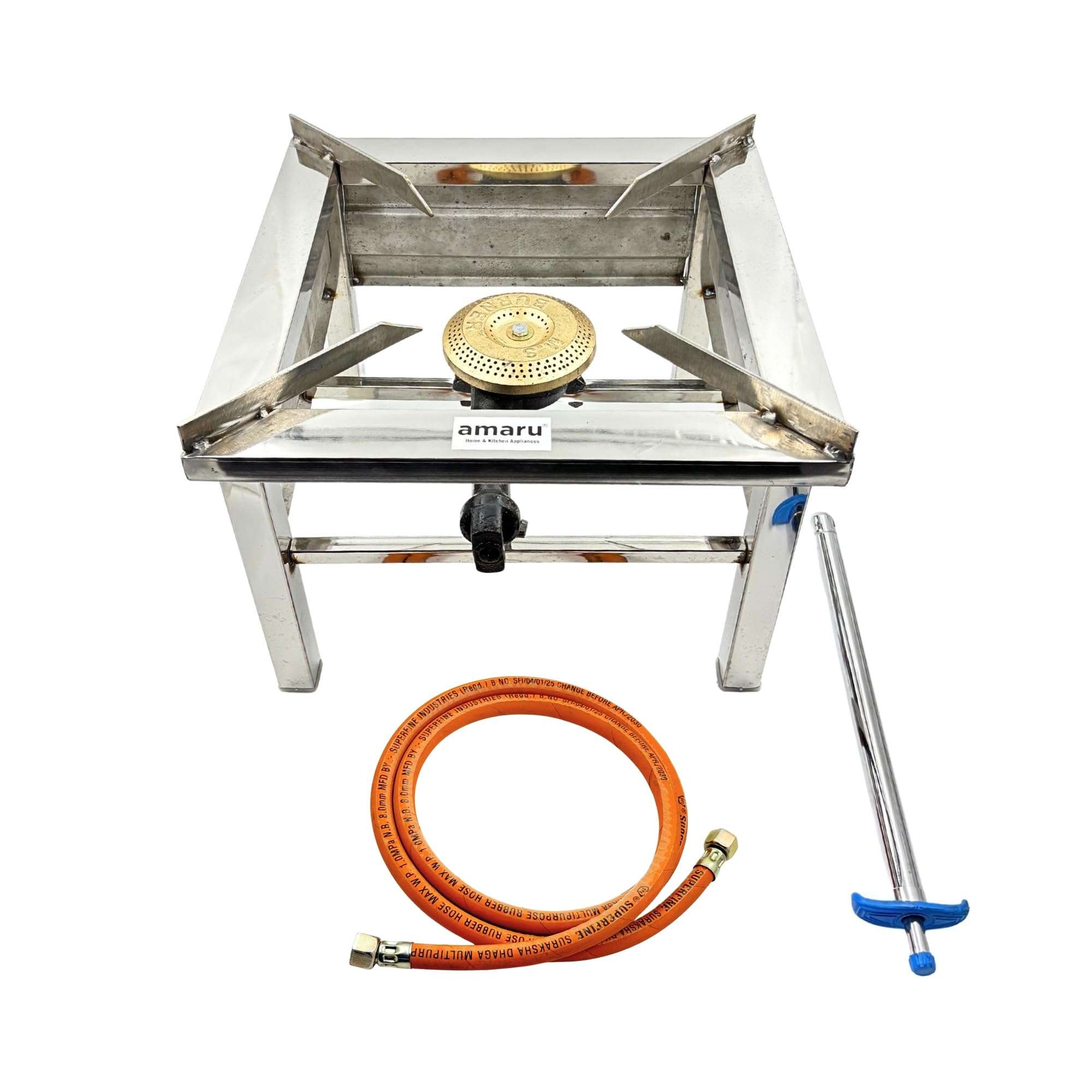 Amaru Single Burner Stainless Steel Square Chulha Canteen Bhatti Commercial Gas Stove - Silver, Manual (Large-14Lx14Wx10.5H) 1