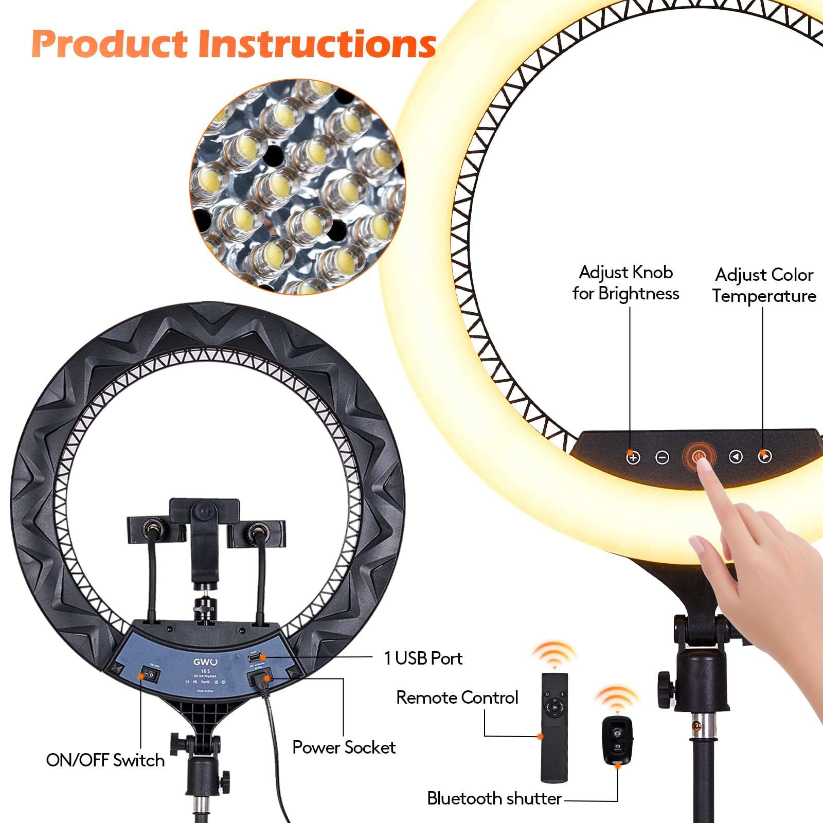 GWO 18 inch LED Ring Light with Tripod Stand 6000K Dimmable Makeup Selfie Light with Touch Panel Phone Holders for YouTube Vlog Video Shooting Include Carrying Bag and Remote Control CRI>90 5
