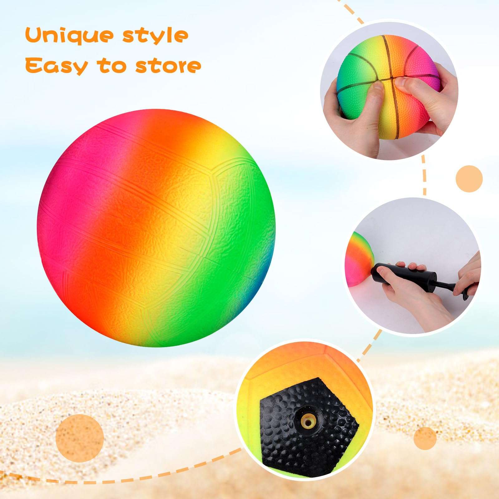 AMOR PRESENT Sport Balls for Kids, Inflatable Balls with Bag Includes Rainbow Kickballs Volleyballs Dodgeballs, Fun Indoor Outdoor Toys, Sport Soft Bouncy Playground Balls, for Kids Sport Party Favors 4