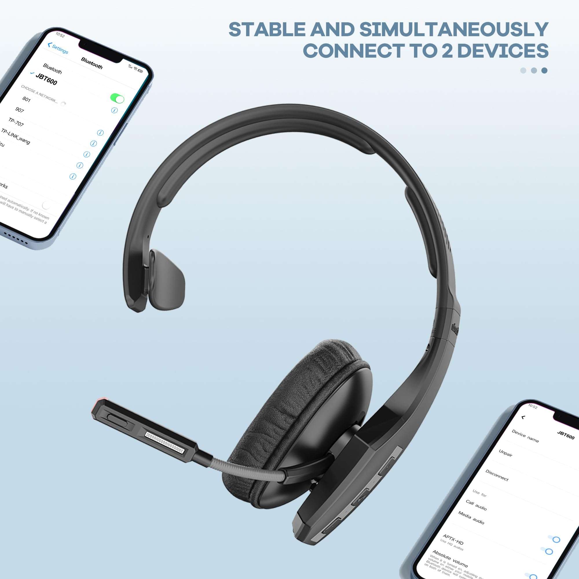 Conambo JBT600 Trucker Bluetooth Headset with Tri-Mic Noise Cancelling, CVC 8.0, Mute Button & 60Hrs Battery Life – Wireless Headset for Truck Drivers, Cell Phones & Office Use 4