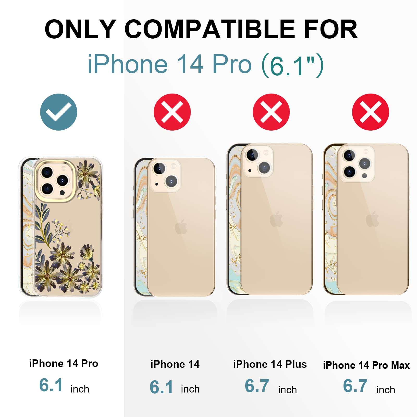 Youica Designed for iPhone 14 Pro Case for Women Girls[Kickstand][Clear Cute Glitter Slim Glod Flower Protective Cover][Military Grade Protection][Shockproof Anti-Scratch] Floral Phone Case 6.1" 5