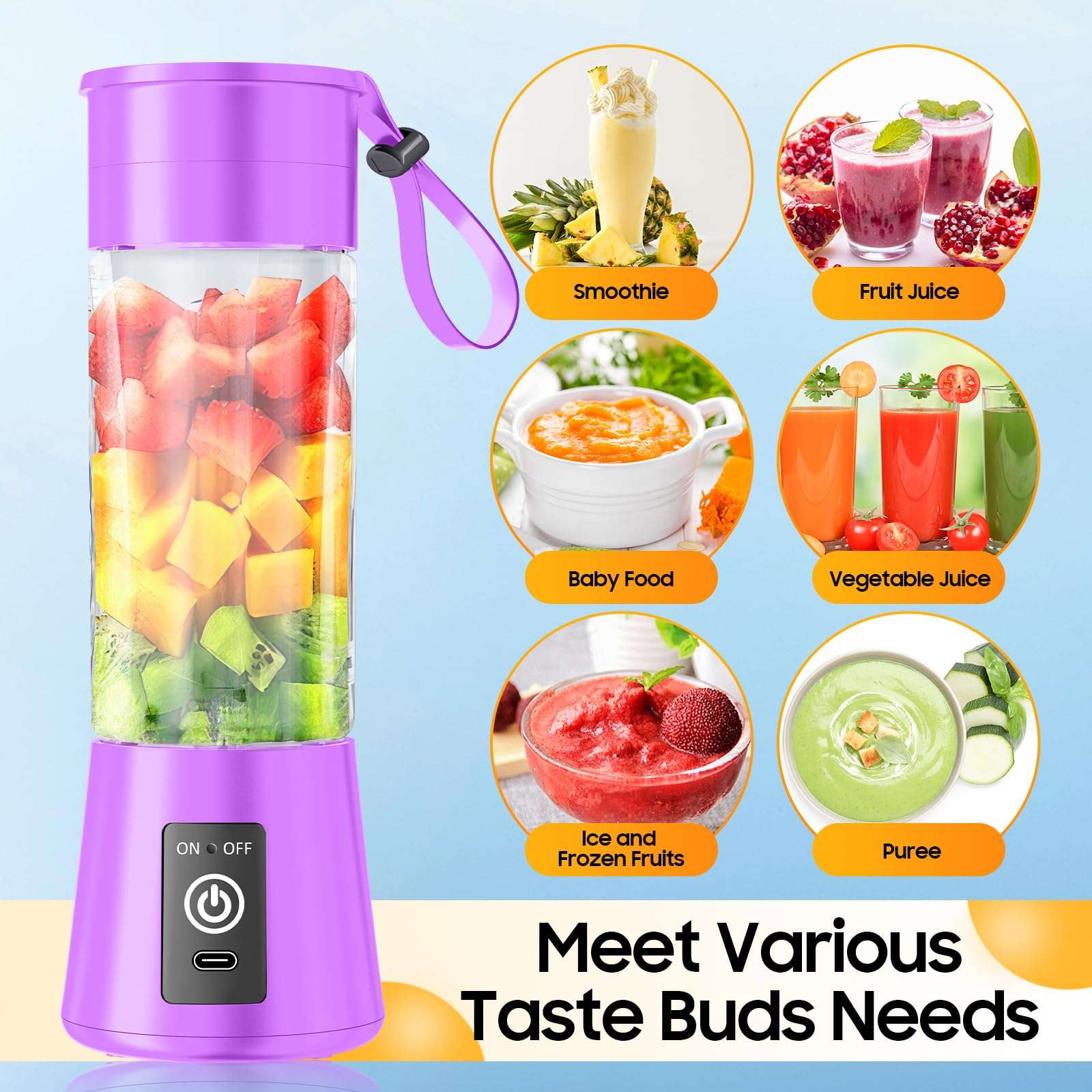 Personal Blender for Shakes and Smoothies - 2025 New Upgrade Cordless Portable Blender USB-C Rechargeable, 380Ml BAP Free Juice Cup, 6 Blades Freshly Squeezed for Picnic/Sprots, 20000Rpm/Min Speed 3