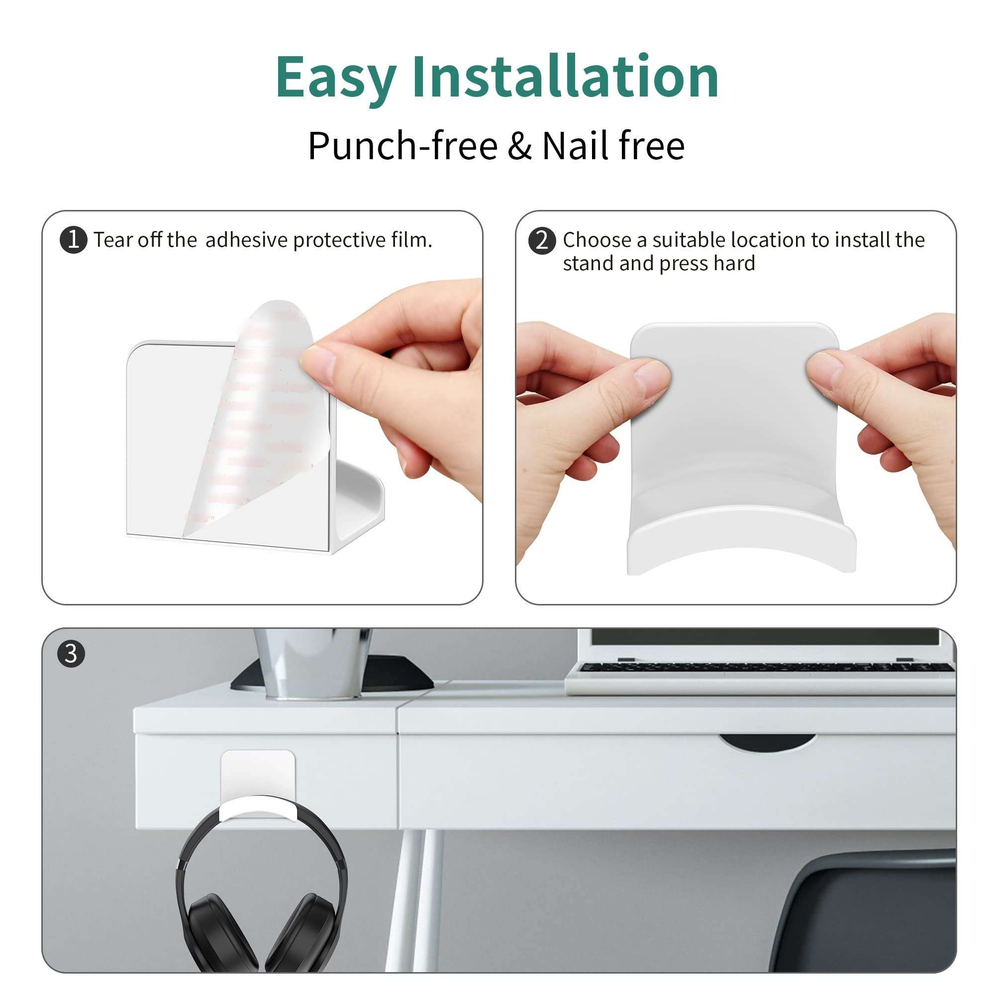 HomeMount Headphone Stand Headset Holder - Adhesive Gaming Headphone Hanger Hook Desk Mount for Most Headphone & Controller (White 2Pack) 5