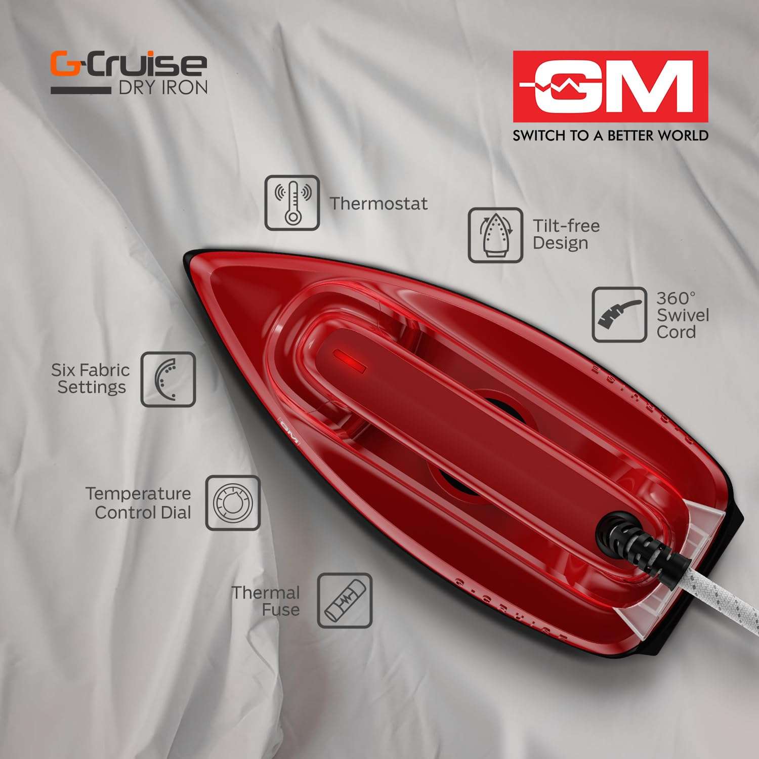 GM G-Cruise 1000 Watt Dry Iron Press with Dual Layer German Technology Non-Stick Coating | Thermostat Control to Easily Iron All Type of Clothes | 360° Swivel Cord - Red 3