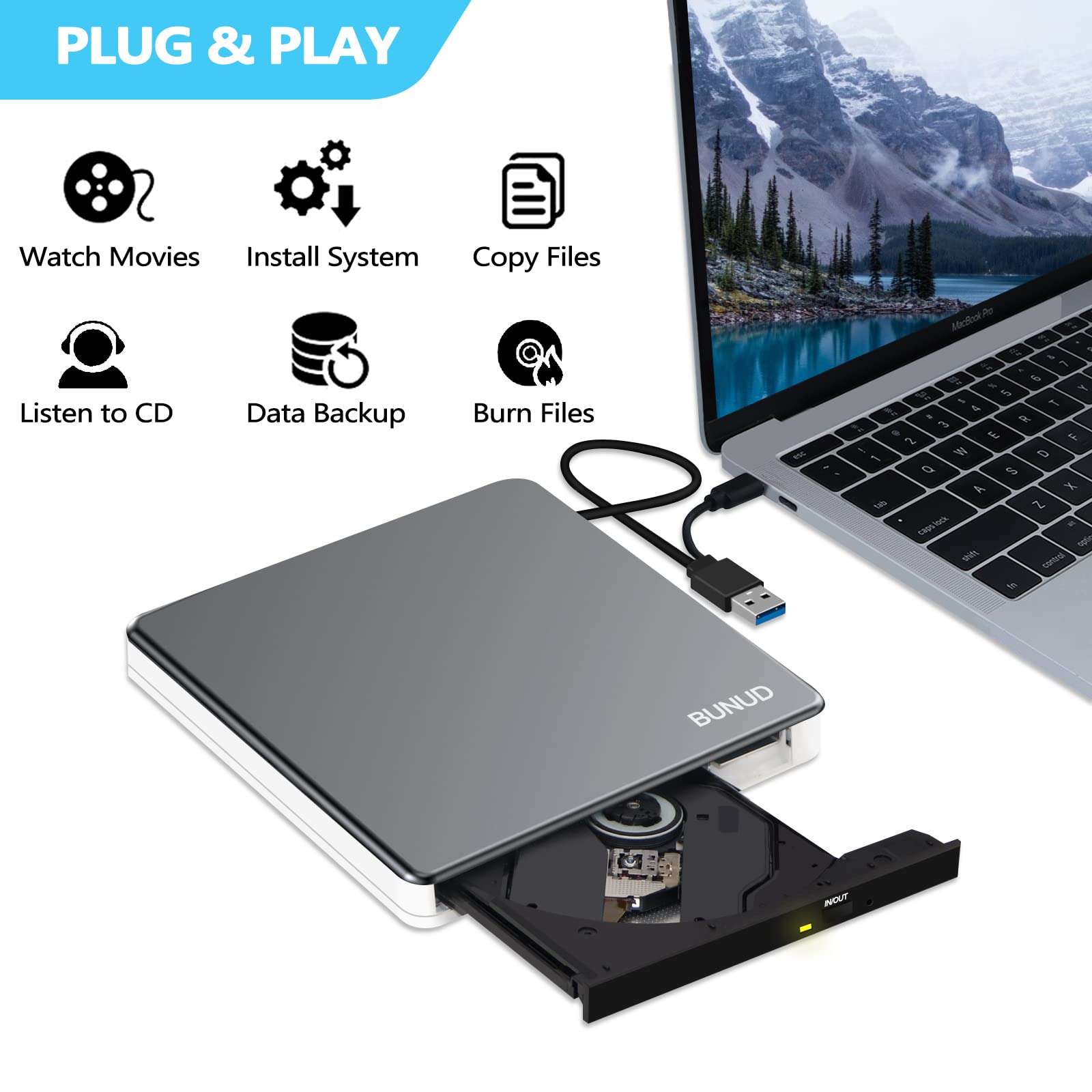 External DVD Drive, USB C Superdrive for Apple USB 3.0 DVD Burner Reader for Mac, Portable CD +/-RW Drive External DVD Player for Laptop MacBook Windows 11 10 PC Linux OS 2