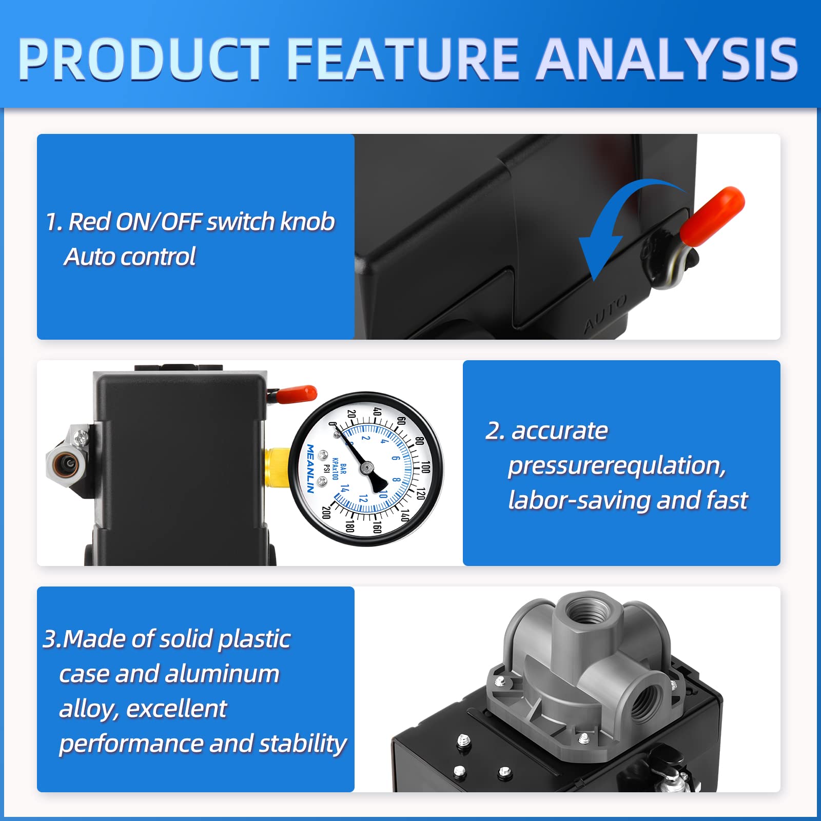 MEANLIN MEASURE Air Compressor Pressure Switch Control Valve 95-125 PSI 110V-240V 4-way Replacement Parts With 0-200 Pressure gauge and Safety Pressure Relief Valve 5