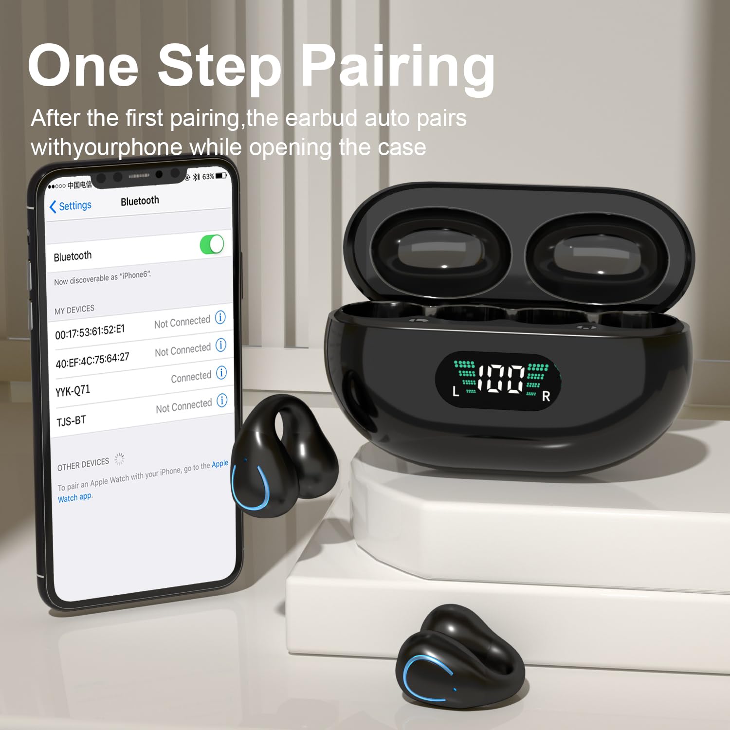 Open Ear Bone Conduction Headphones Wireless Earbuds Bluetooth 5.3 Clip On EarBuds with LED Display Charging Case 60 Hours Playtime Earphones IPX7 Waterproof for Running Walking, Workout（Black） 3