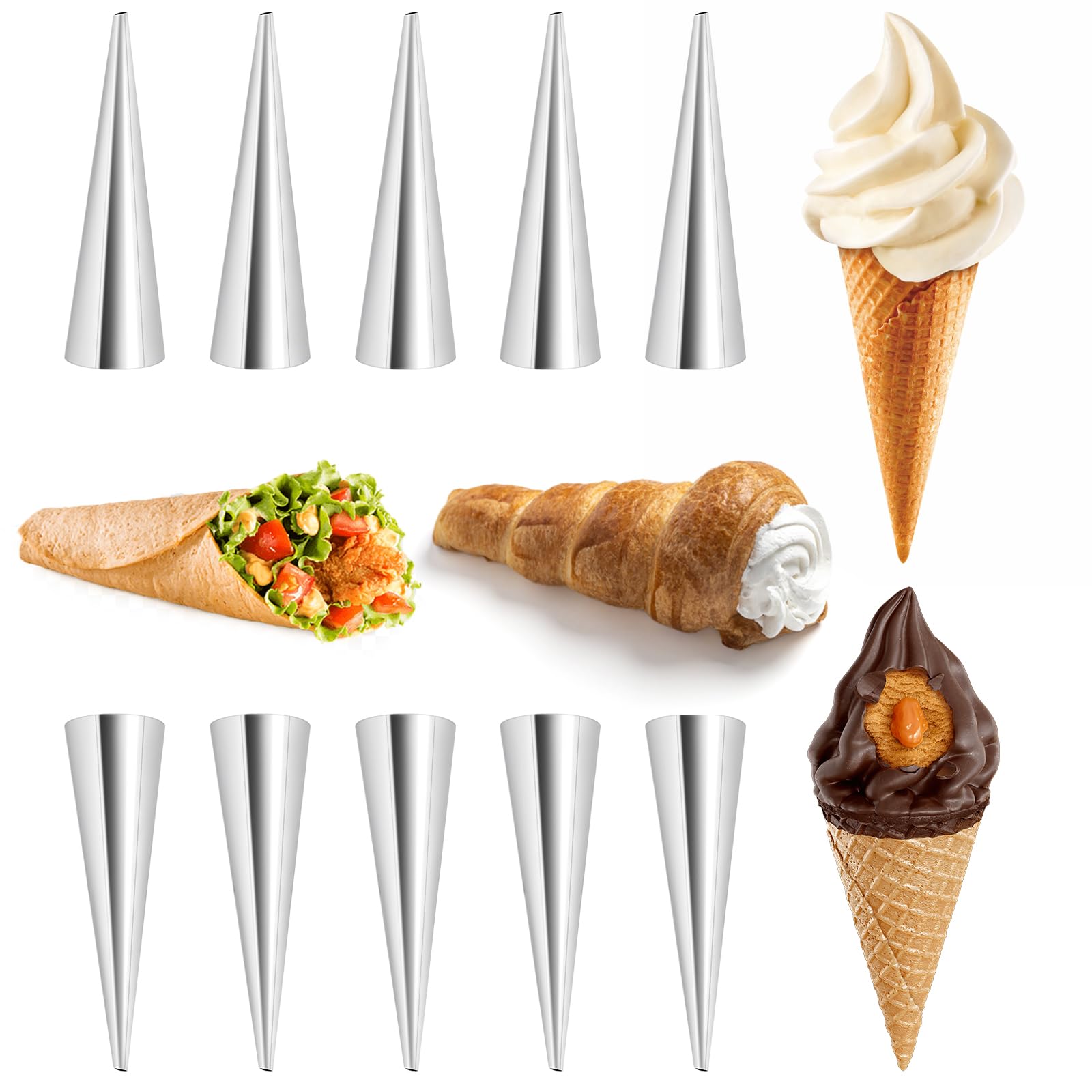 10Pcs Cream Horn Molds Forms 5 Inch, Non-stick Cream Horns Pastry Mold Croissant Baking Forms Stainless Steel Cannoli Tubes Ice Cream Cone Molds for Baking Croissants, Ice Cream Cone Party Dessert 2