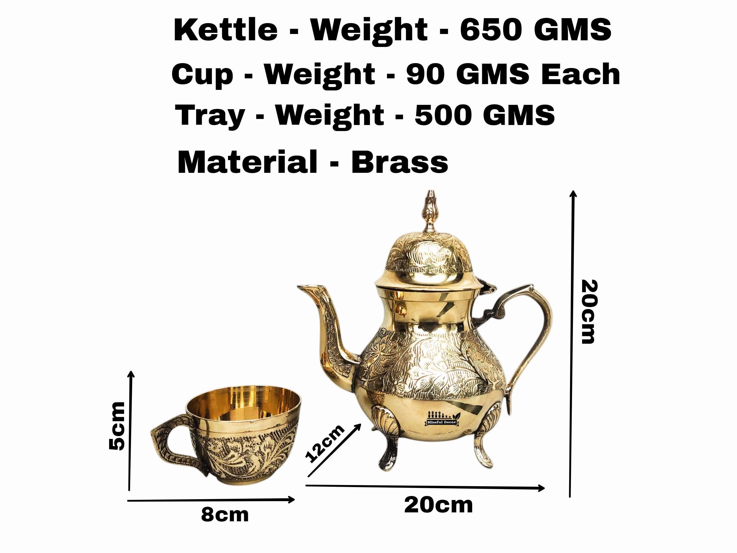 Brass Kettle Serving Set - Engraved Teapot - Coffee Pot with Set of 6 Cup with Tray - (36 x 25 cm) Perfect for Tea Parties, Gifting, Brass Tea Set with Kettle | weight-1750 GMS 5