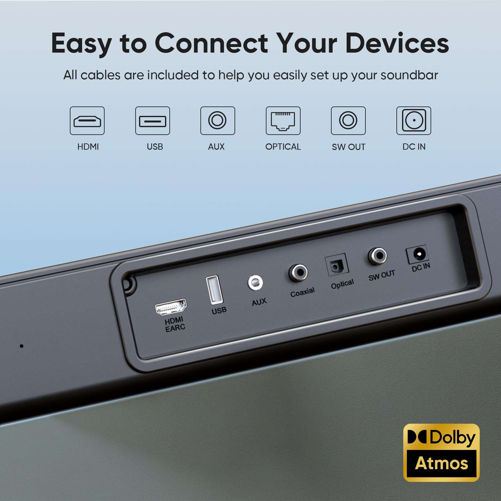 GEOYEAO Sound bar with subwoofer, 200W 2.1 ch soundbar w/Dolby Atmos Surround Sound System, 3D Bass Adjustable Home Theater Bluetooth TV Speaker for Smart TV/Projector/PC 5