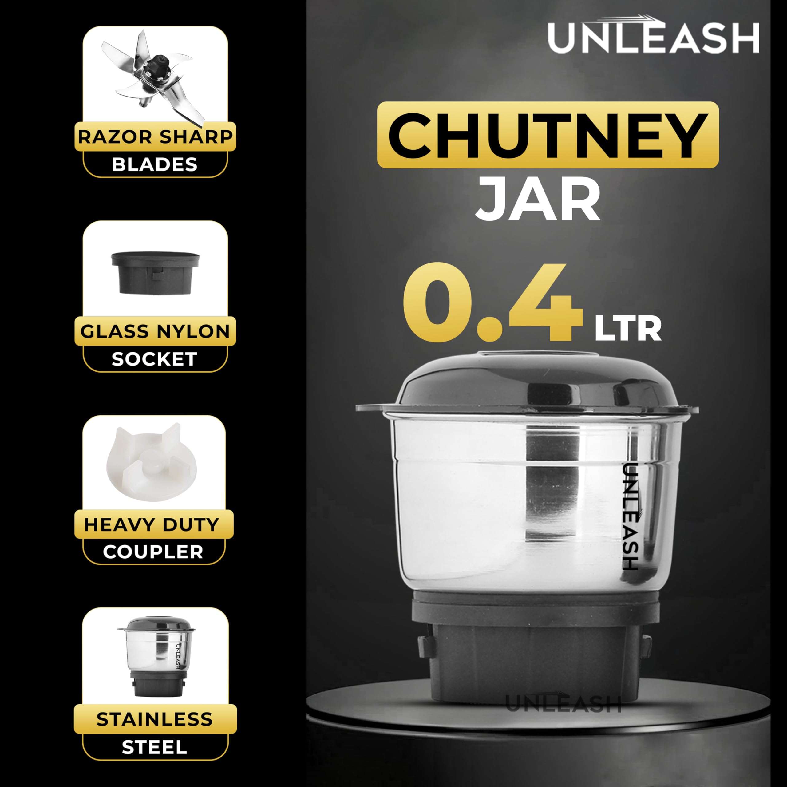 Unleash Stainless Steel 400 ml Small Mixer Grinder Juicer Chutney Jar For Chutney With Razor-Sharp Blades, Leakproof Lid, Durable Coupler (400 ML) 3