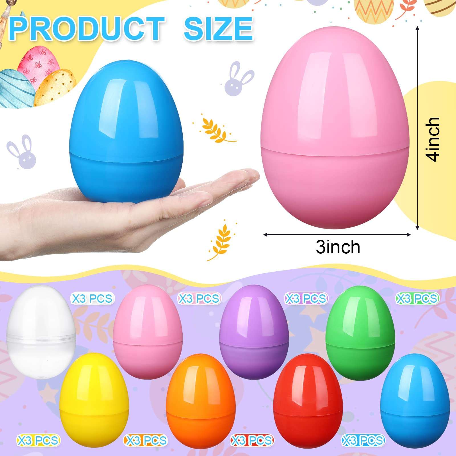 4'' Fillable Easter Eggs 24 Pcs Empty Plastic Easter Eggs Colorful Bright Easter Basket Stuffers for Easter Egg Hunt Surprise Egg For Party Favor Easter Decorations Boys Girls 3