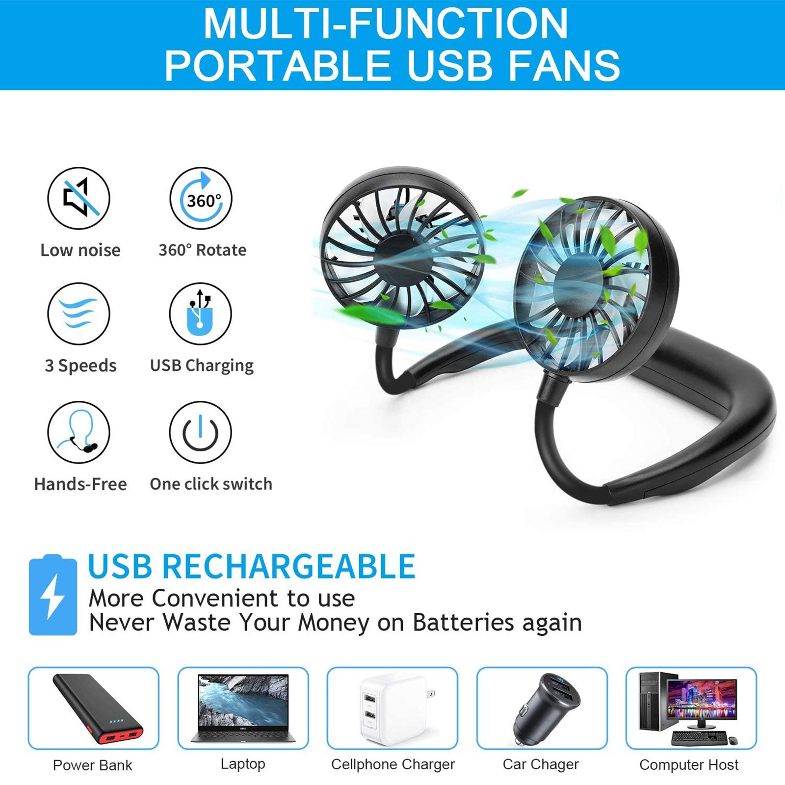 RJVW Portable Neck Fan, Hand Free Personal Hanging Neck Sports Fan USB Rechargeable (3 Speed Adjustable) Wearable Cooling Head Fan,360 Degree Free Rotation for Traveling, Sports, Office, Reading 4