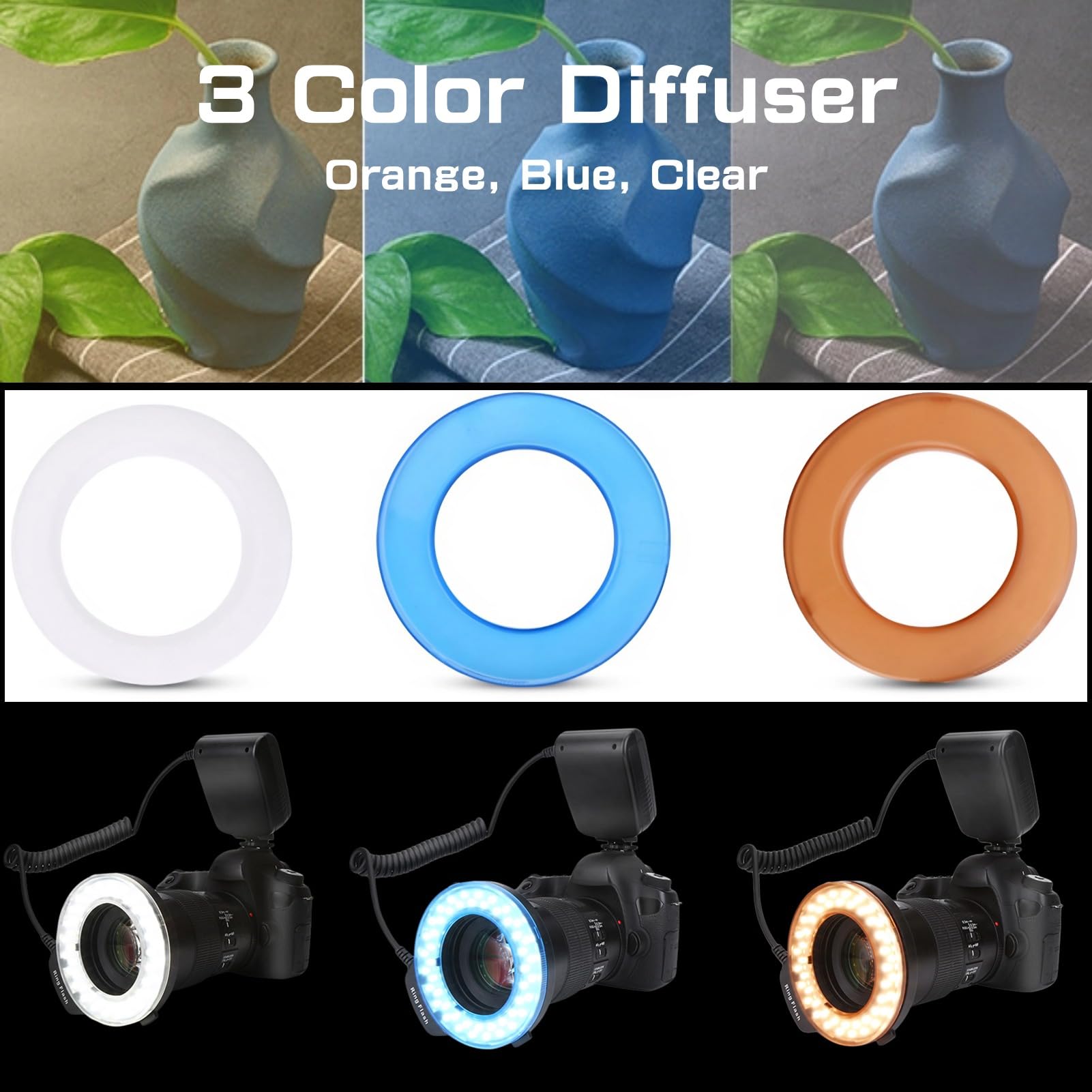 Macro LED Ring Flash, 48pcs LED Beads, 3 Color Diffuser, 9 Adapter Rings, 7 Brightness, 4 Modes, Camera Lens Flash for Fuji Pentax and Other DSLR Cameras 4