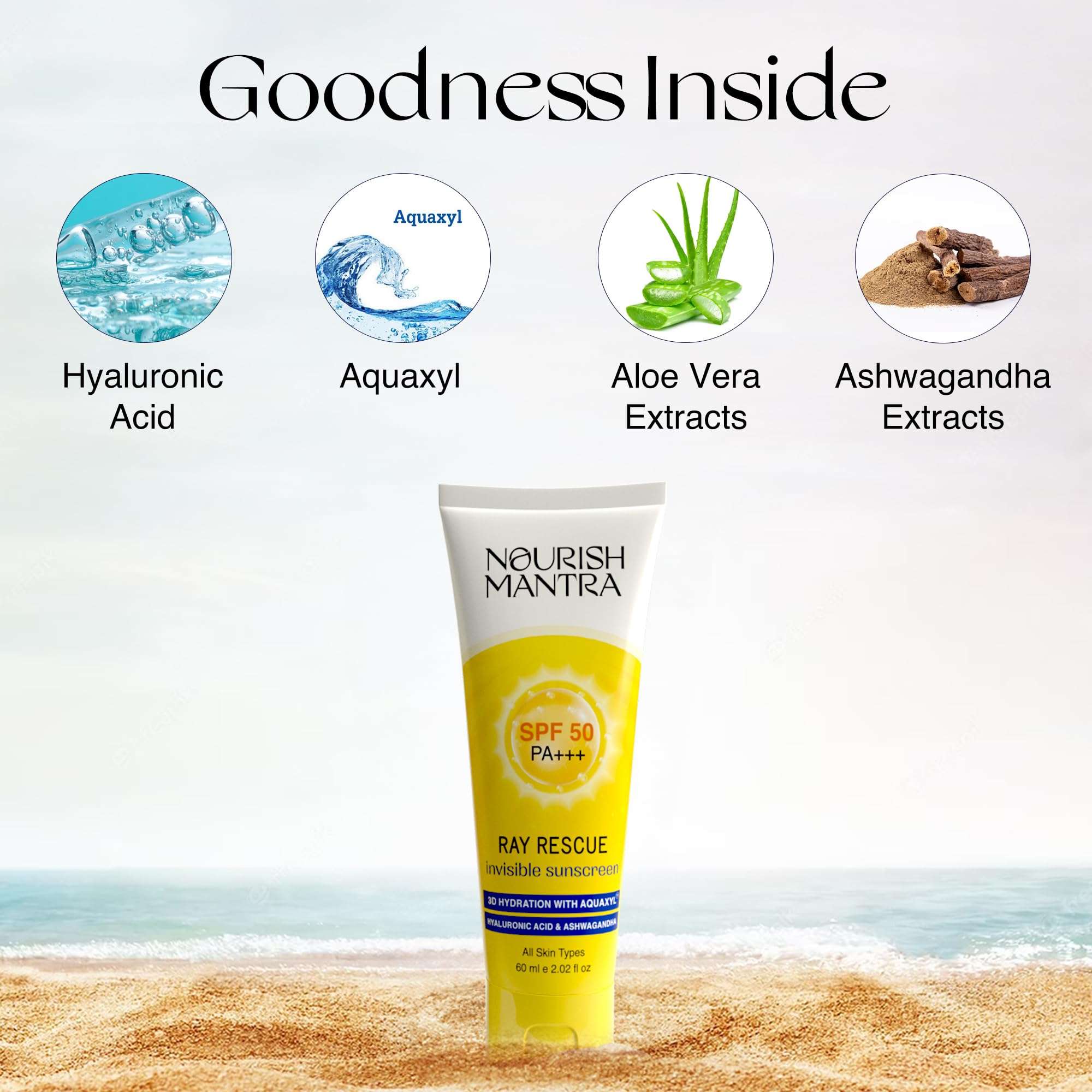 NOURISH MANTRA Ray Rescue Sunscreen/Sunscreen SPF 50/ With Hyaluronic Acid, Aquaxyl, Aloe Vera Extracts & Ashwagandha Extracts/No White Cast, (60 ml (Pack of 1)) 6