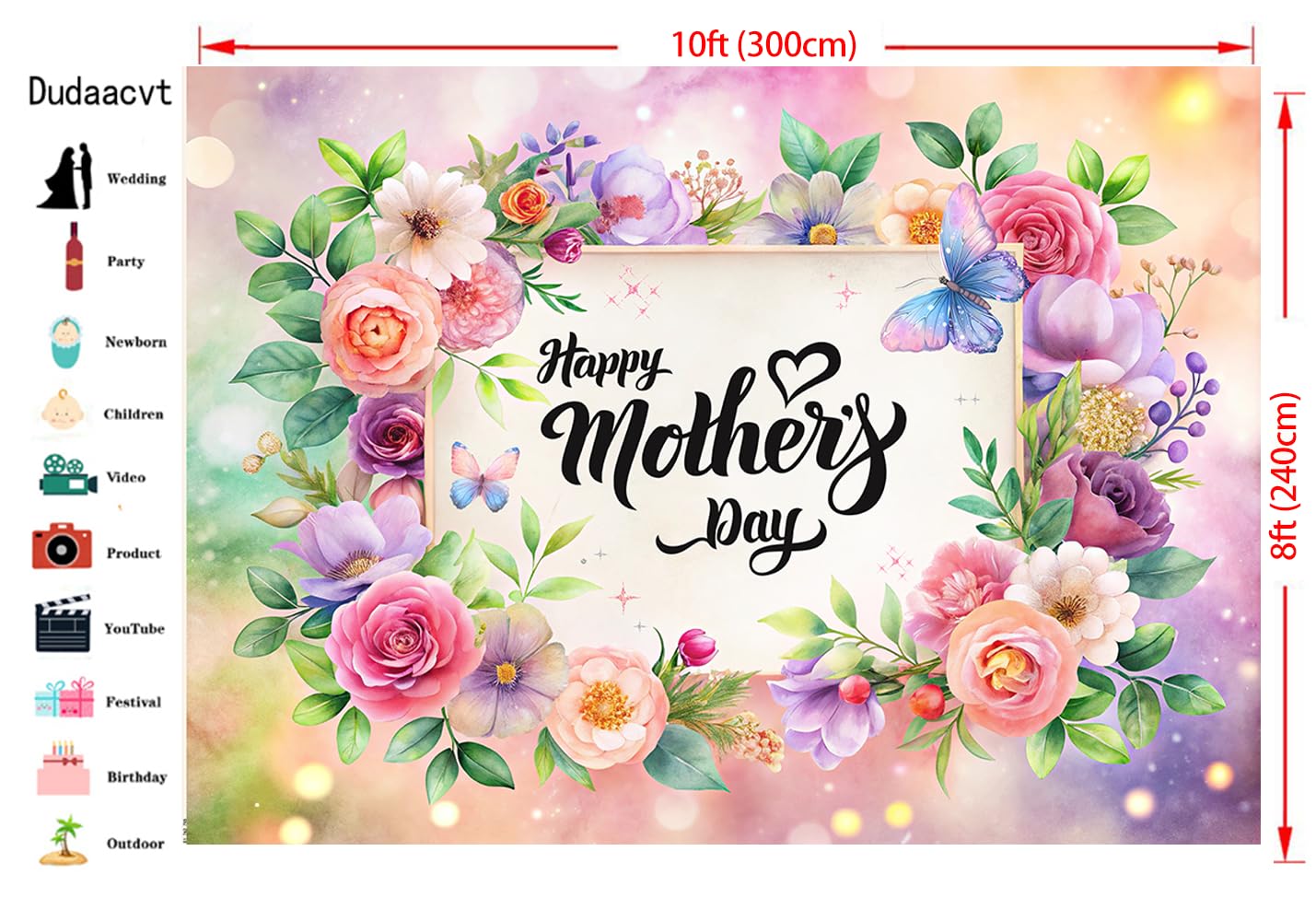 Dudaacvt 10x8FT Mother's Day Backdrop Pink Watercolor Flowers Backdrop Mother Day Party Decoration Mother's Day Birthday Party Decoration Photo Studio Props D762 6