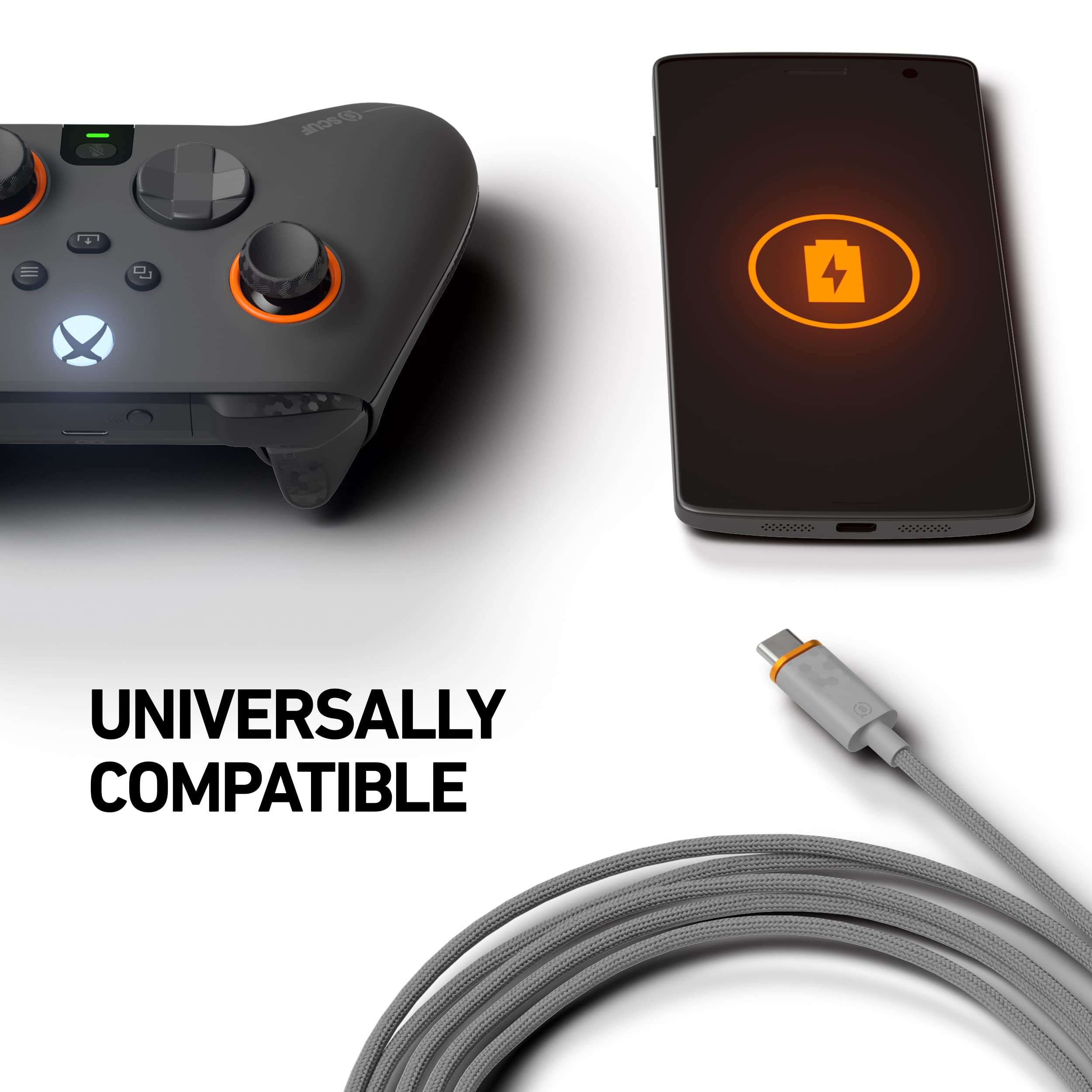 SCUF Braided USB-C Cable - Light Gray 6 feet / 2 Meters USB Type C Connection and Charging for Xbox Controllers, PS5 Controllers, and Smart Phones - Xbox Series X; 3