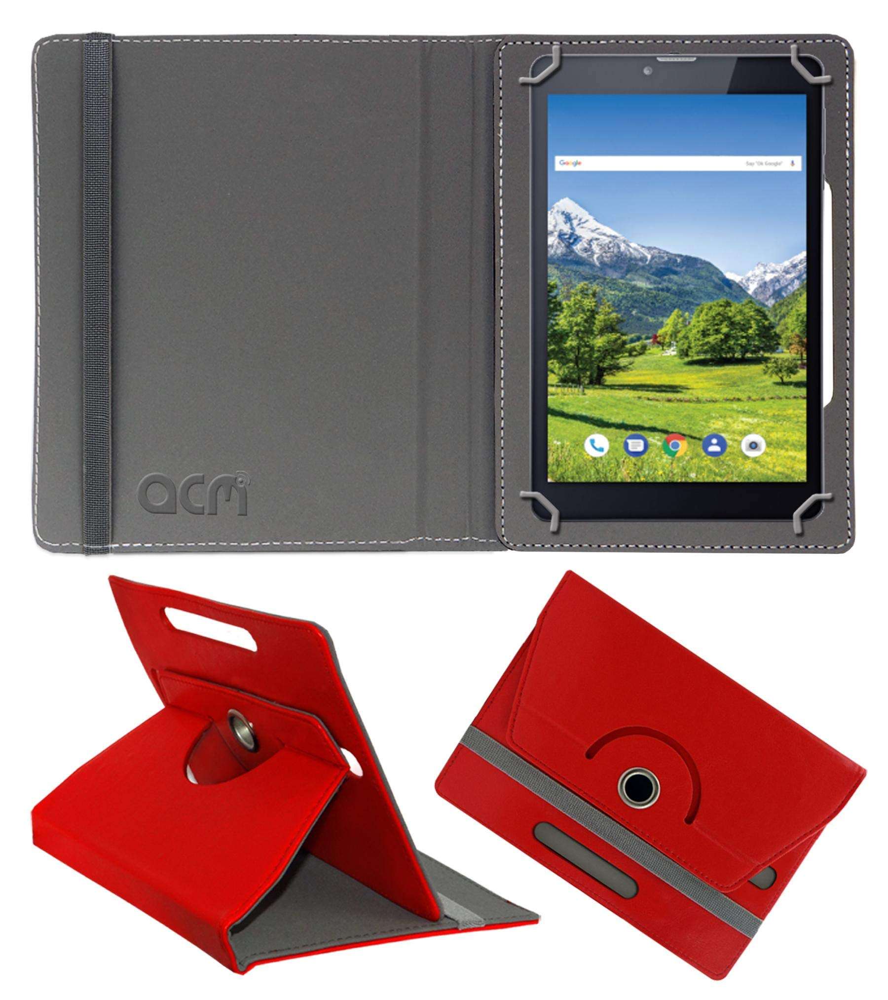 Acm Rotating Leather Flip Case Compatible with Iball Slide Avid Tablet Cover Stand Red 1