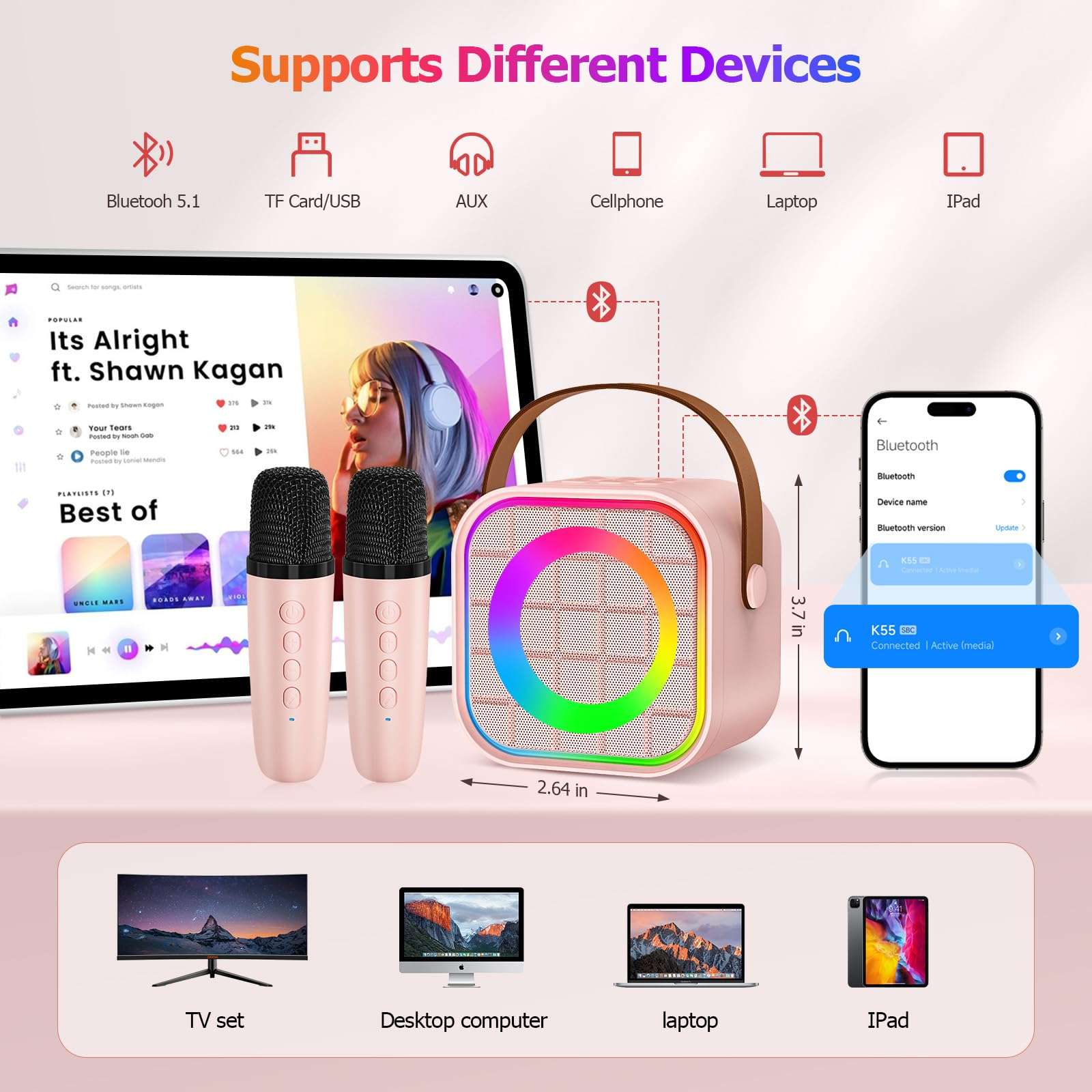 YLYYCC Mini Karaoke Machine with 2 Wireless Microphone, Portable Pink Bluetooth Speaker for Kids Adult, Birthday Teen Toys Gifts Ideas for Girls Ages 4 5 6 7 8 9 10 11 12+ Year Old, Family Home Party 3