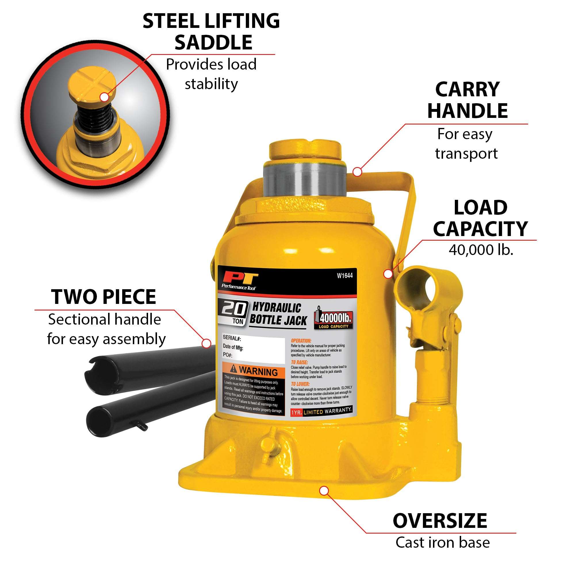 Performance Tool W1644 20 Ton (40,000 lbs.) Heavy Duty Shorty Bottle Jack 4