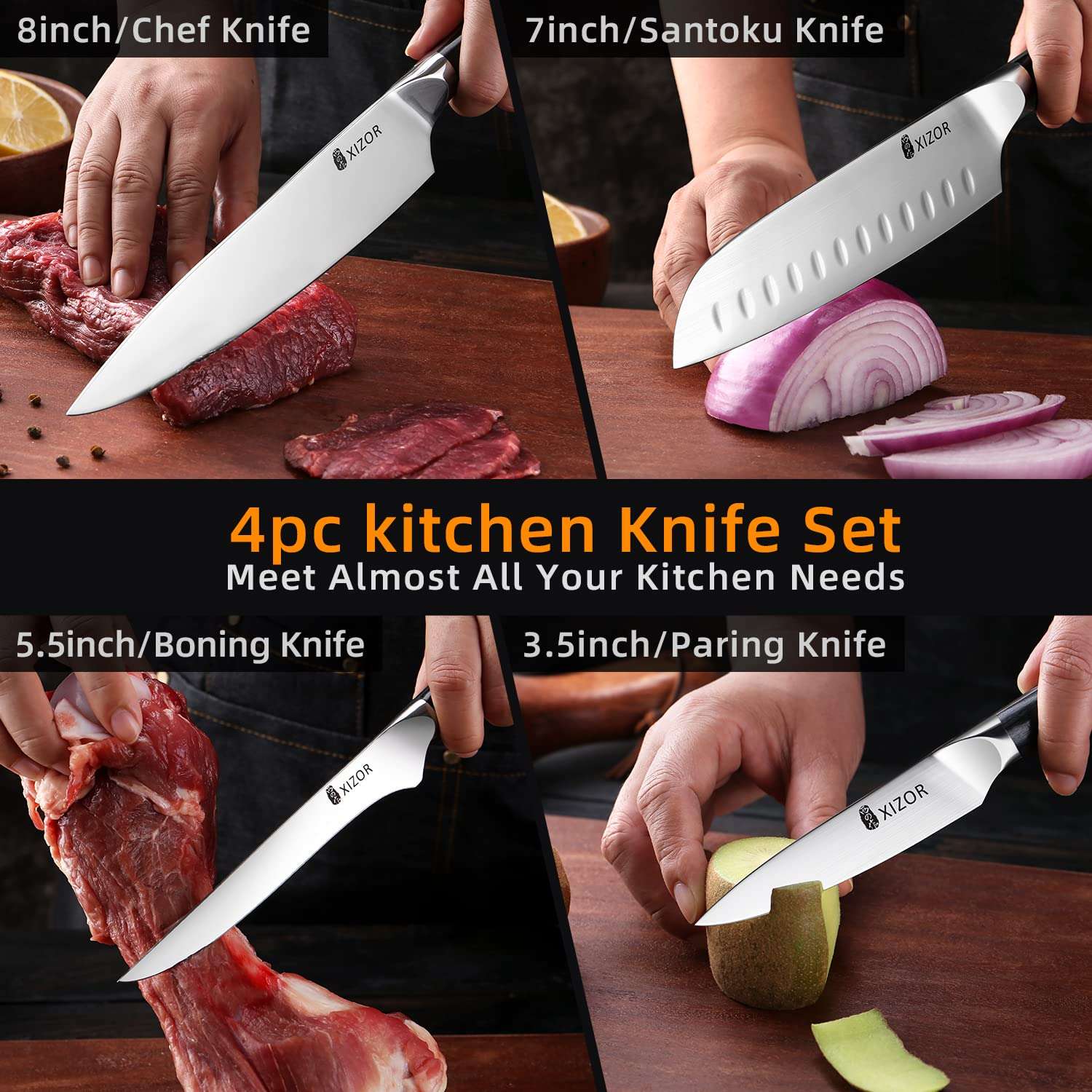 XIZOR 4-Piece Kitchen Knife Set, Includes 8“ Chef knife, 7“ Santoku knife, 6“ Boning Knife, 3.5“ Fruit Knife, Sharp High Carbon German Steel Blade, Full Tang Handle Ergonomic Design 6