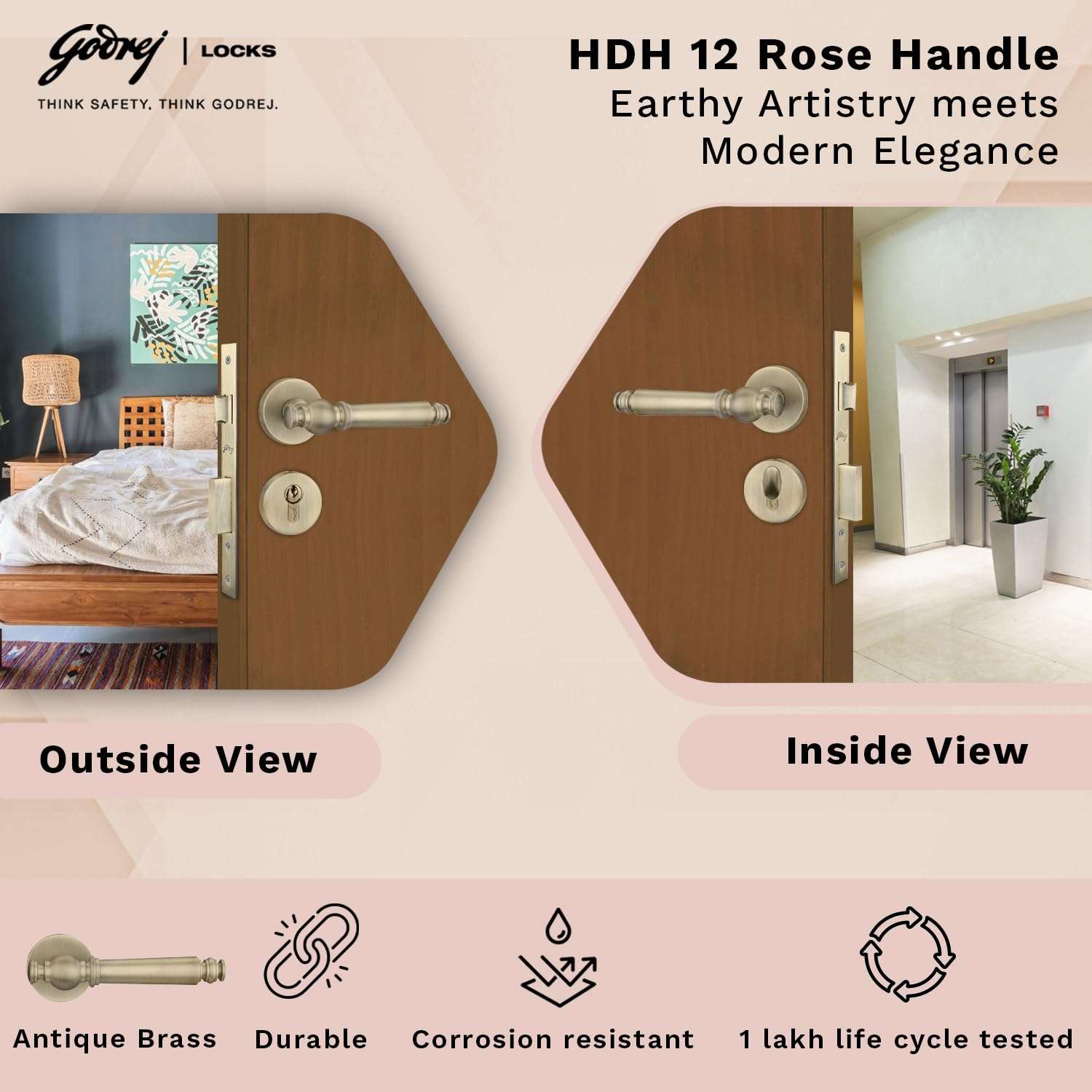 Godrej Mortise Lock|Handle Lock Set for Main & Bedroom Door|HDH 12 Brass Home Décor Handle|Satin Steel Finish|10 inch Lockbody|60 mm Cylinder Key Outside& knob from Inside 4 Keys |5 Years Warranty 3