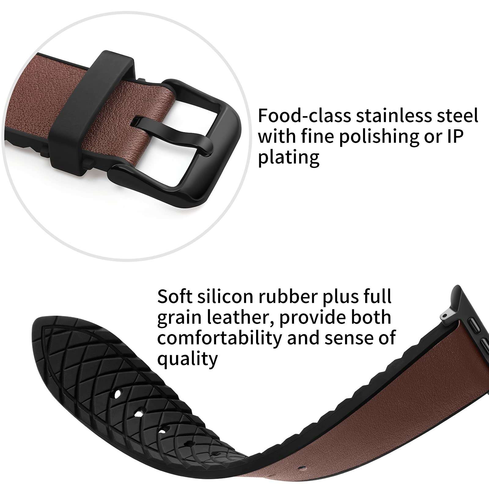 FITWORTH High End Hybrid Band Compatible with Apple Watch Band 42mm 44mm, Silicone + Genuine Leather, Simple, Neat & Sweat Resistant, Suit for Men's Business Casual & Light Sports (Chocolate, 42/44) 2