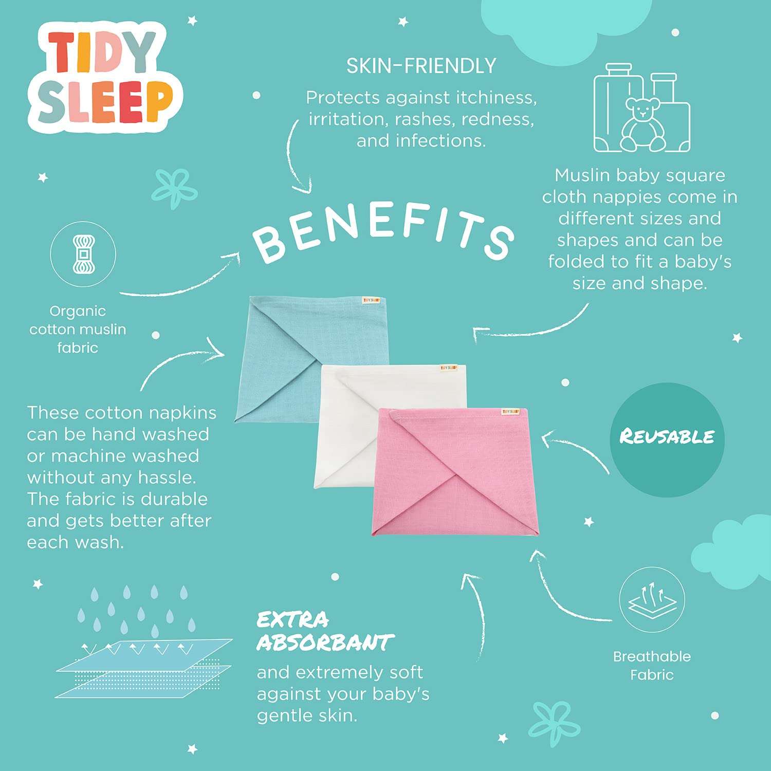 Tidy sleep Muslin cotton Baby Square Cloth Nappy for baby| Reuseable washable nappy (0-12 months) 4